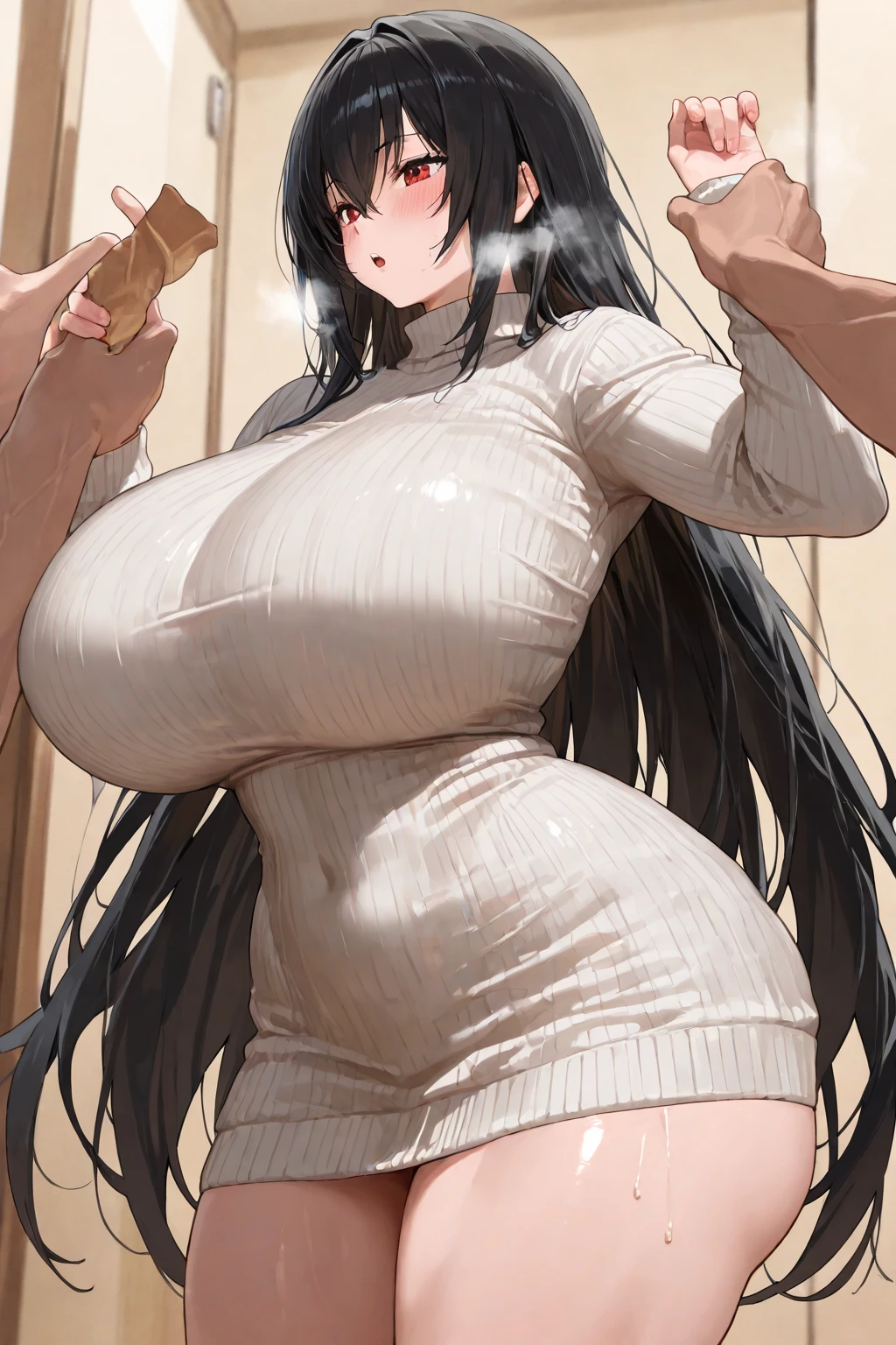 Italian woman 25 years old, truly gigantic breasts, very long black hair, arms tied with ropes to a menir, black skirt, torn blouse containing the breasts, druidic circle forest