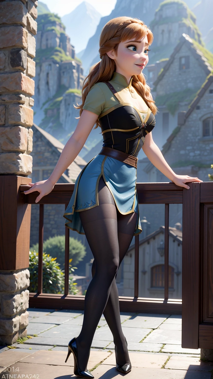 Photo of Anna of Arendelle wearing thight transparent pantyhose, huge breasts, high heels,  sun shiny day 