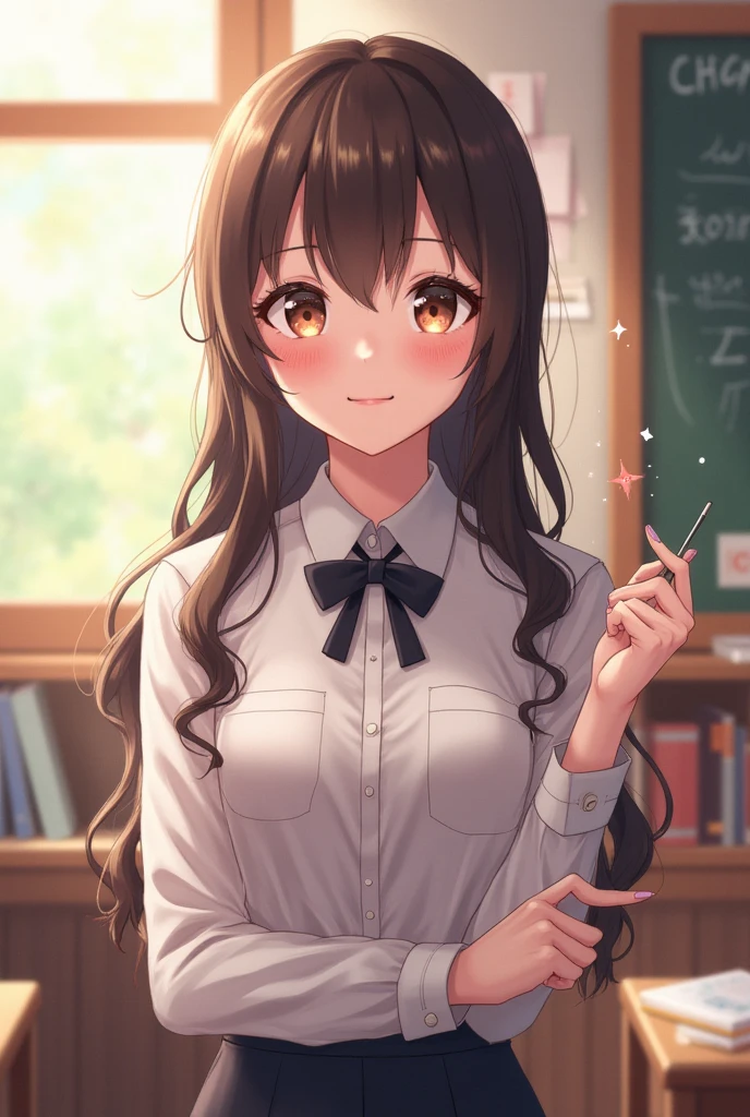 (masterpiece, highest quality:1.2), 1 girl, alone,Are standing_Split, food yuuki, brown eyes, brown hair, hair ornaments,long hair,green plaid skirt, Sainan High , , white shirt, Yellow sweater vest,No 
