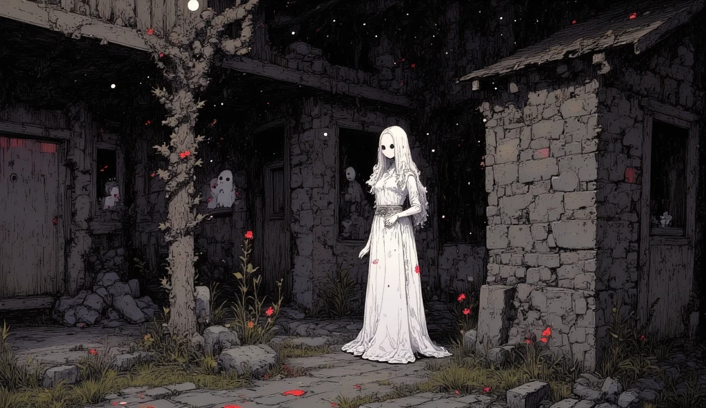 a dark horror house , girl standing in front wearing white long dress face unexpressive 