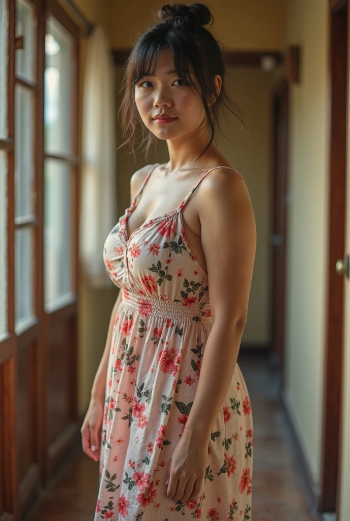 a beautiful indonesian woman, curvacious, tied hair, huge breasted, big breasts, wearing knee-lenght sleeveless floral pattern housedress, cleaning the house, holding broom in the living room,  look at the viewer, natural light, realistic photography, wide angle shot, detailed facial features, intricate clothing folds, soft lighting, warm color tone, bathroom, photorealistic, cinematic composition, high quality, 8k, masterpiece