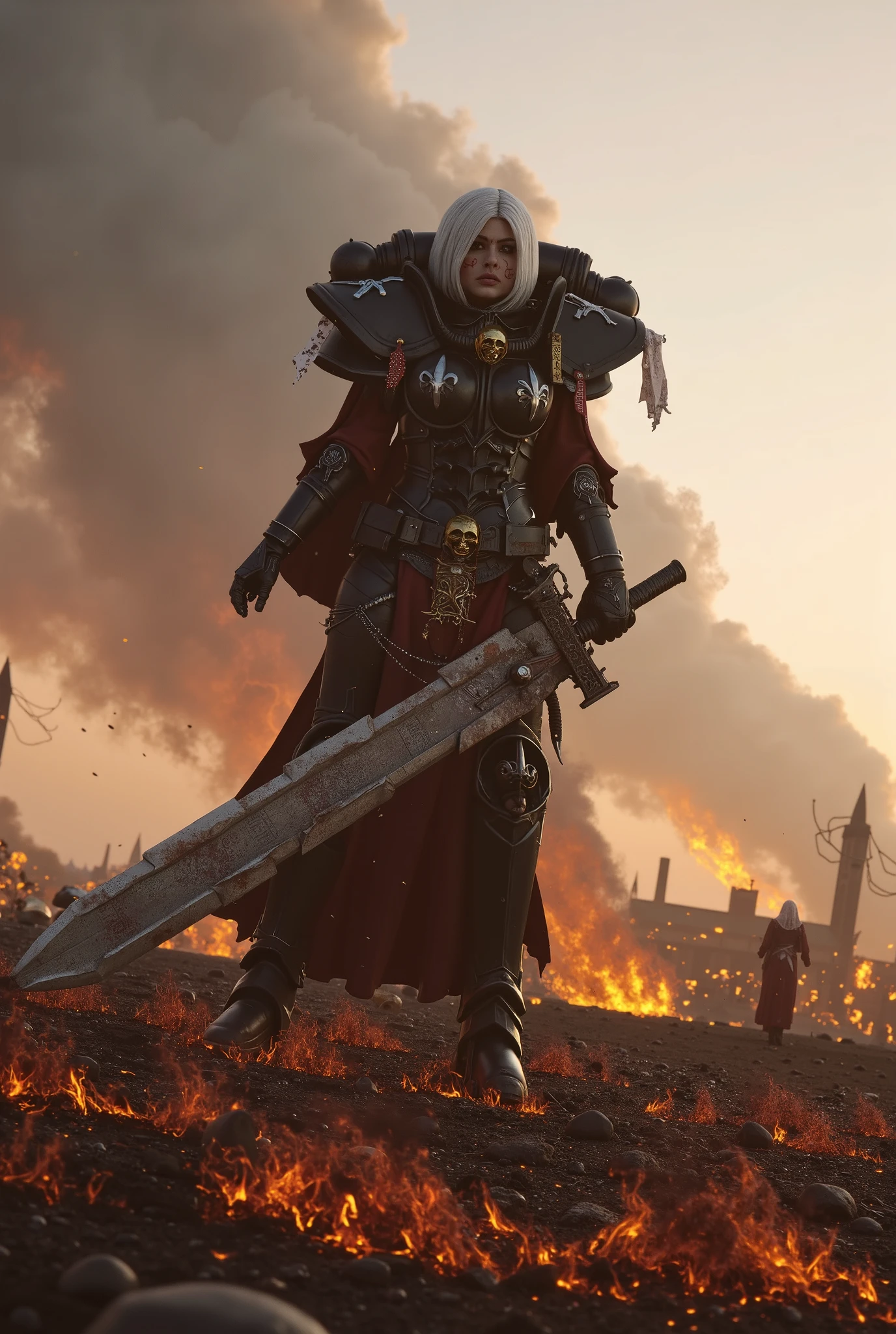 
[Scene Type & Quality]
(masterpiece, ultra-detailed, best quality, 8k, photorealistic, hyper-realism:1.3, cinematic lighting, volumetric light, HDR, grimdark, warhammer 40k aesthetic, cyberpunk gothic, fluxlisimo_drawio, 3D rendering)

[Main Subject & Description]
A towering, battle-scarred Sister of Battle stands in the heart of a desolate war-torn desert, framed by the dying light of an apocalyptic sundawn. She wields a colossal, ancient two-handed sword, its rusted blade etched with sacred High Gothic runes, emanating a faint, holy glow.

[Character Details & Clothing]
Her power armor bears deep battle scars and scorched insignias of the Ecclesiarchy. A tattered, translucent habit whips violently in the toxic wind, its spectral movement adding a ghostly mystique to her grim presence.

[Environment & Setting]
The ground is littered with half-buried war machines, shattered saint statues, and the skeletal remains of imperial banners. Orange embers and gray ash spiral through the air, illuminated by fractured beams of sunlight piercing the dust-heavy horizon.

[Lighting & Color Mood]
Soft, cinematic shadows carve her determined features; her eyes burn with unwavering, righteous fury. The color palette bleeds from molten orange to corpse-gray, painting a sky of dread and inevitability.
