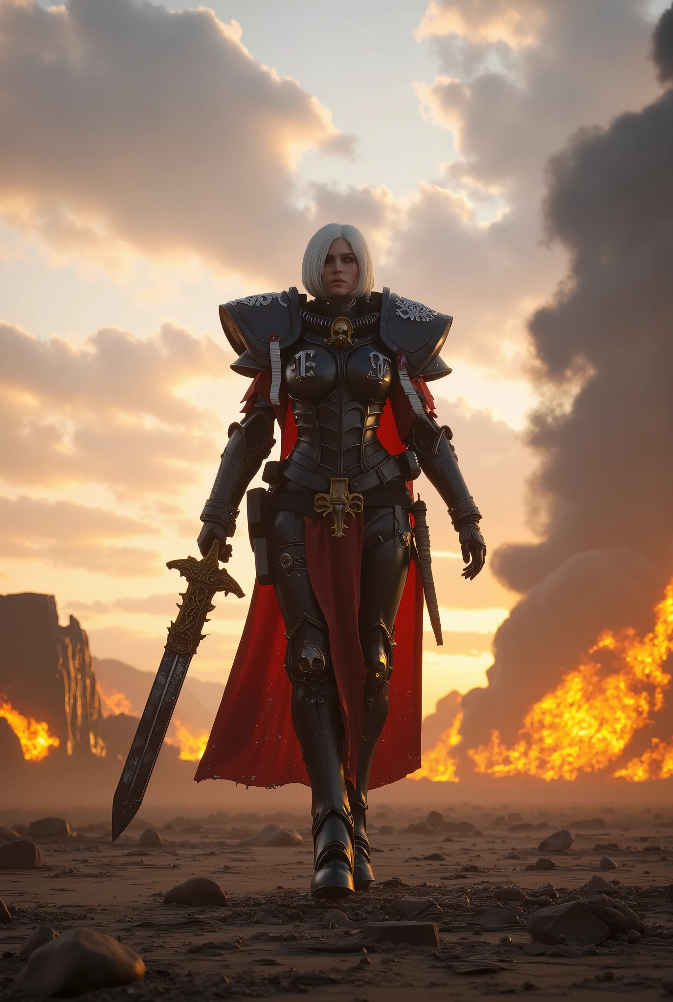
[Scene Type & Quality]
(masterpiece, ultra-detailed, best quality, 8k, photorealistic, hyper-realism:1.3, cinematic lighting, volumetric light, HDR, grimdark, warhammer 40k aesthetic, cyberpunk gothic, fluxlisimo_drawio, 3D rendering)

[Main Subject & Description]
A towering, battle-scarred Sister of Battle stands in the heart of a desolate war-torn desert, framed by the dying light of an apocalyptic sundawn. She wields a colossal, ancient two-handed sword, its rusted blade etched with sacred High Gothic runes, emanating a faint, holy glow.

[Character Details & Clothing]
Her power armor bears deep battle scars and scorched insignias of the Ecclesiarchy. A tattered, translucent habit whips violently in the toxic wind, its spectral movement adding a ghostly mystique to her grim presence.

[Environment & Setting]
The ground is littered with half-buried war machines, shattered saint statues, and the skeletal remains of imperial banners. Orange embers and gray ash spiral through the air, illuminated by fractured beams of sunlight piercing the dust-heavy horizon.

[Lighting & Color Mood]
Soft, cinematic shadows carve her determined features; her eyes burn with unwavering, righteous fury. The color palette bleeds from molten orange to corpse-gray, painting a sky of dread and inevitability.
