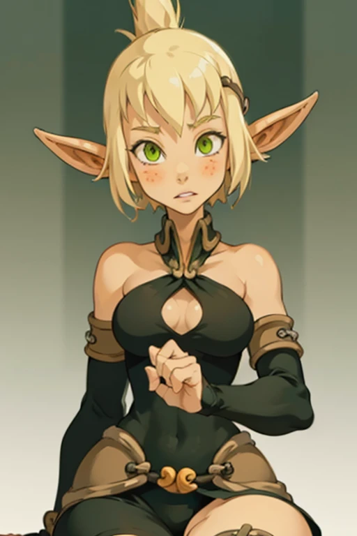 score_9, score_8_up, score_7_up, score_6_up, score_5_up, score_4_up, BREAK, source_cartoon, source_anime, 1girl, evangelyneold, blonde hair, short hair, green eyes, freckles, elf, bare shoulders, bodysuit, elbow gloves, thigh boots, thighhighs, hands on hips, looking at viewer, simple background <lora:EvangelyneXL:1>