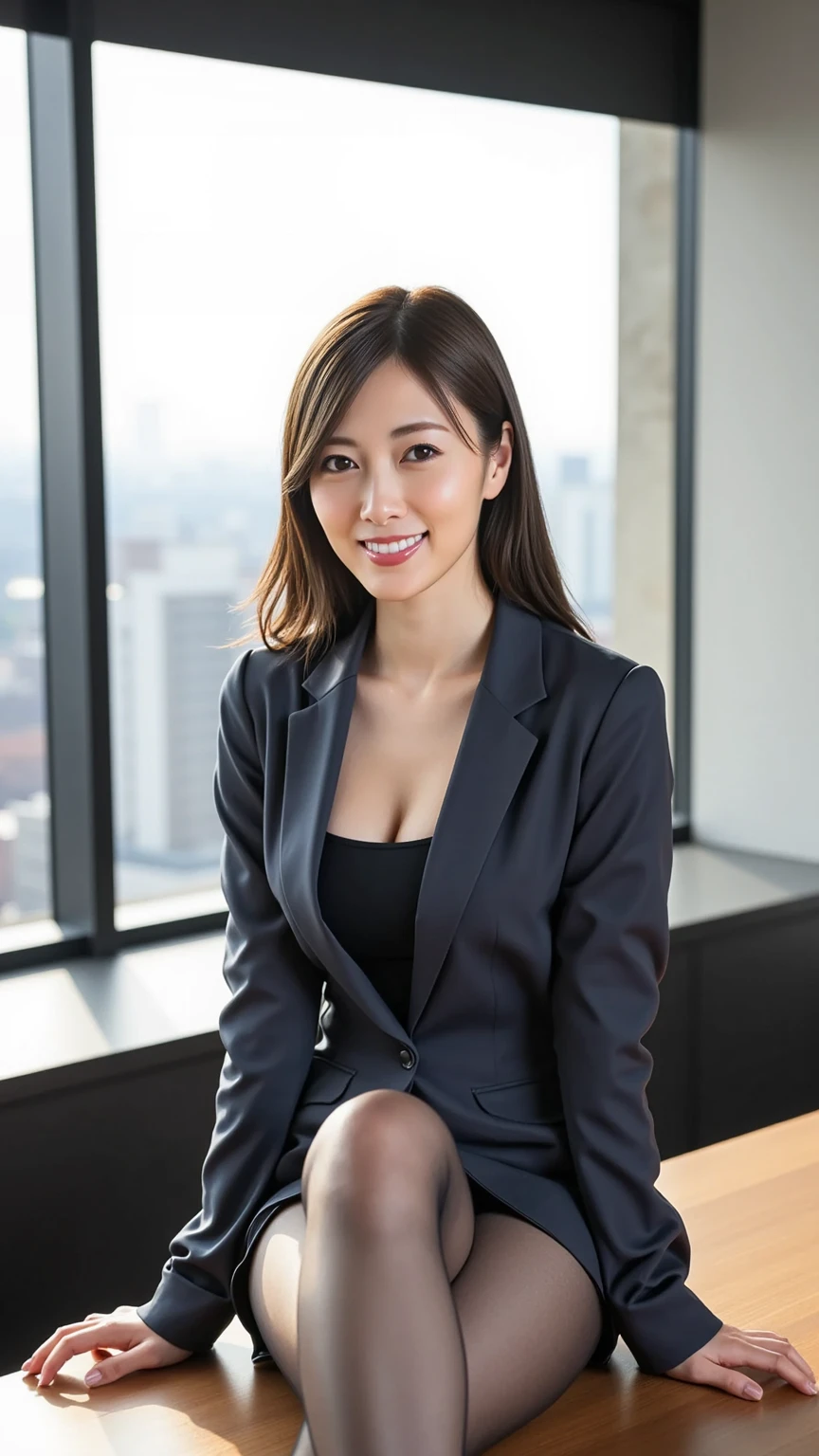 (Best quality, 8k, 32k, Masterpiece, UHD:1.2), 1 girl, ((close up)), beautiy Japanese office lady, (smile:0.5), (looking at the viewer), bit chubby, grey suit, grey mini skirt, white shirt, office room, desk, (huge breasts, buttocks:1.2), detailed beautiful face, pony-tail hair, from below,