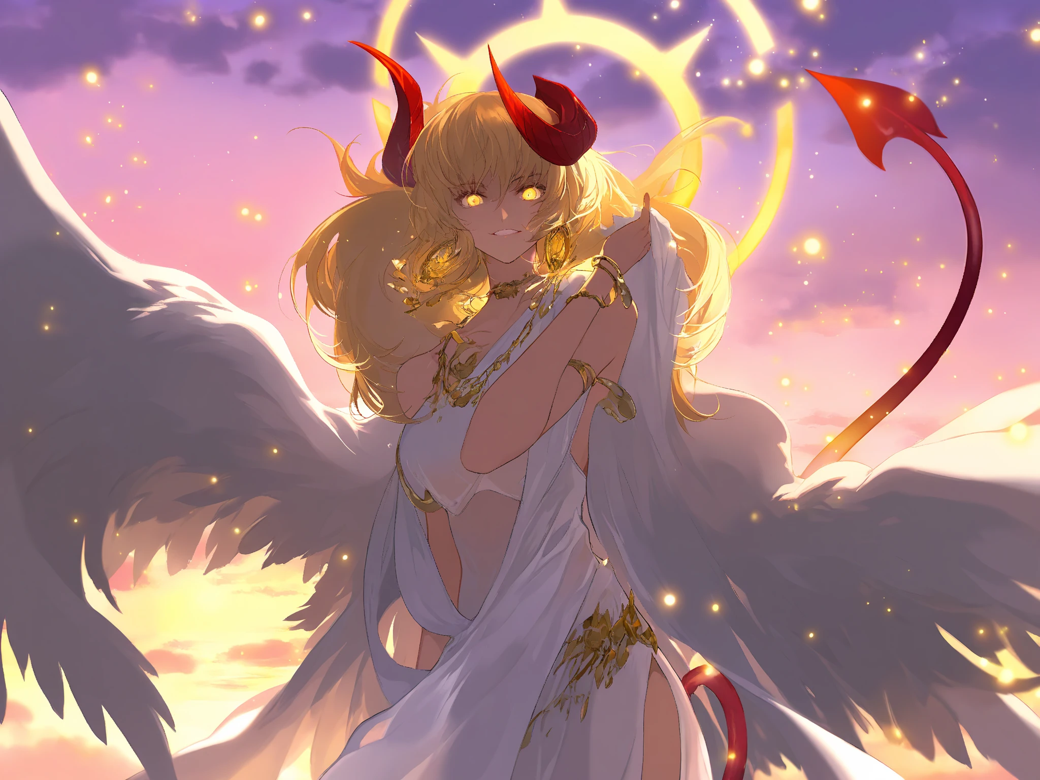 humanoid dragon girl flying with golden wings