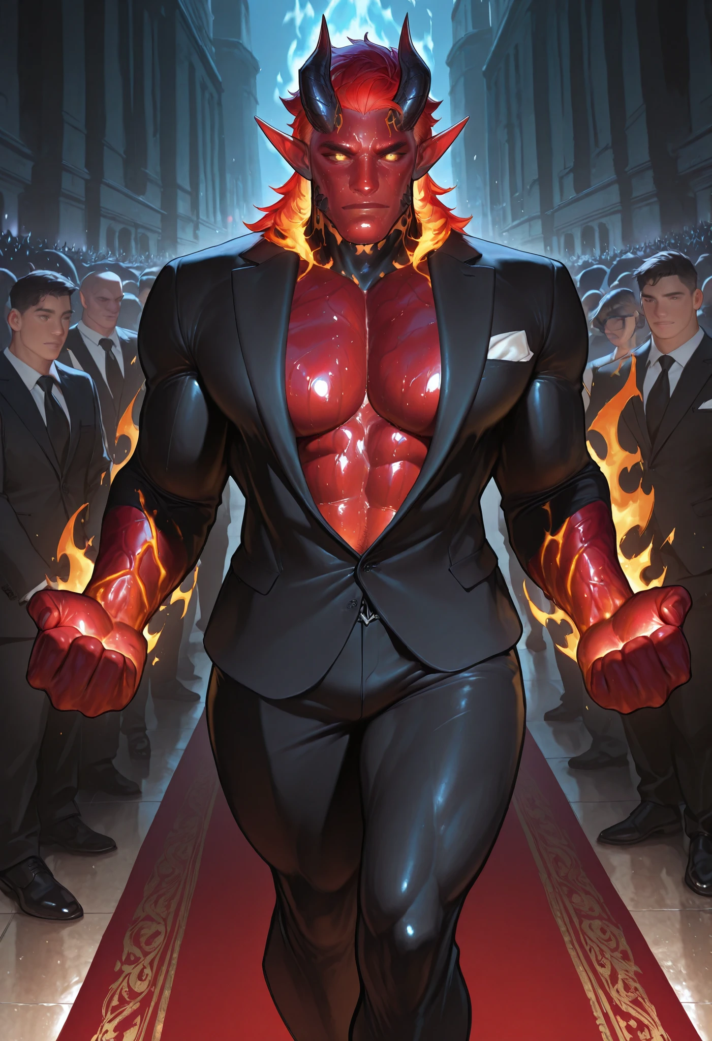 Very awa, realistic, masterpiece, best quality, absurdres, perfect quality, detailed background, Newest, absolutely eye-catching, intricate detail, BREAK, 1boy, Bara, Solo, Male_Focus, Male, Tall, Muscular, Large_Pectorals, Abs (((Deep Red Glossy Skin))) Elf Ears, Black Devil Horns, Glowing Flame Hair, Glowing Yellow Eyes Lava Veins, Detailed Fancy Form-Fitting Open Black Suit, Crowd, Walking The Red Carpet,