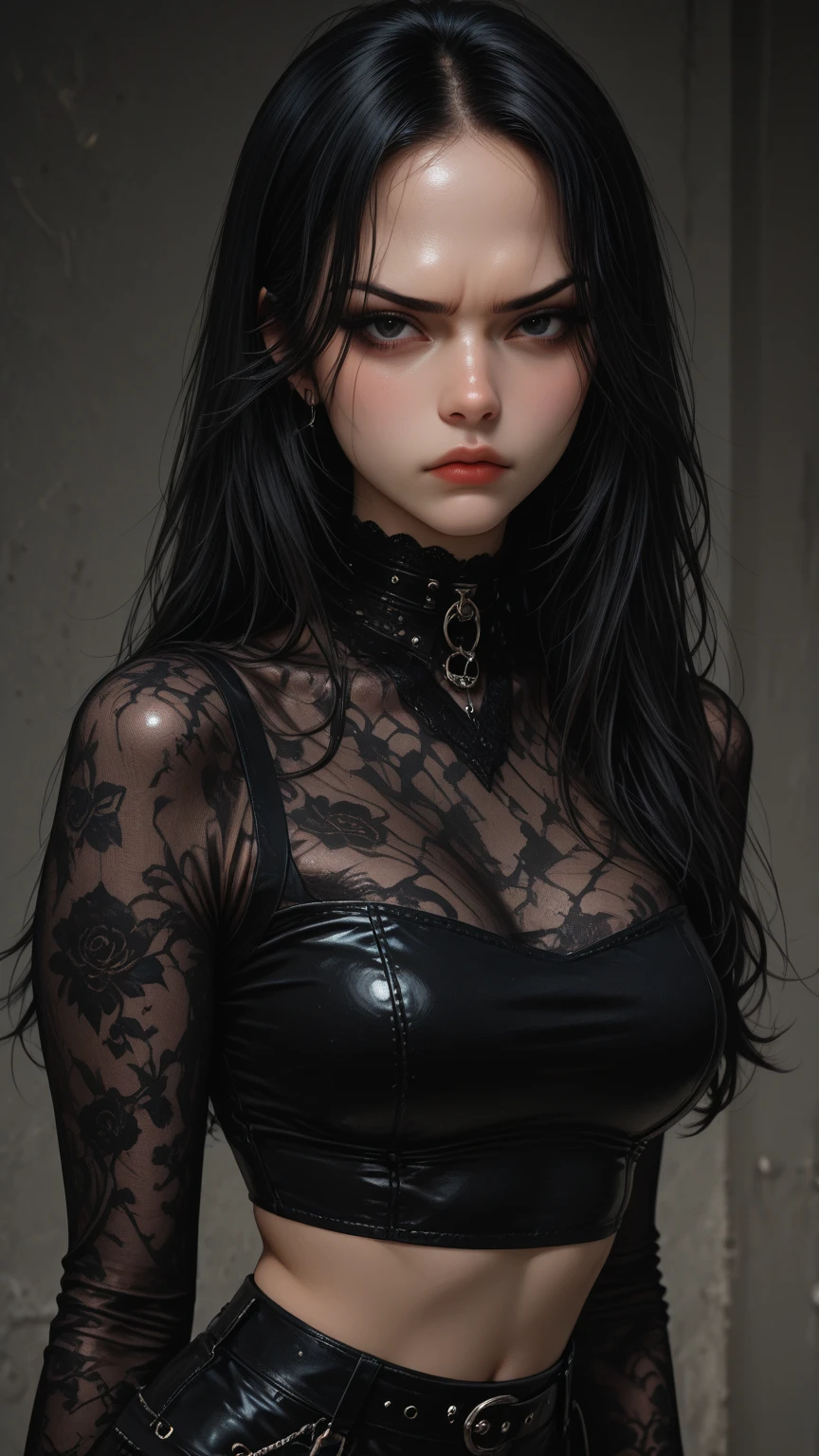 a gothic emo girl with dark intense eyes, beautiful piercing gaze, long eyelashes, detailed facial features, Long Straight black hair, Big Breasts, emotive expression, black hoodie, dark aesthetic, dramatic lighting, cinematic composition, moody color palette, brooding atmosphere, masterpiece, 8k, photorealistic