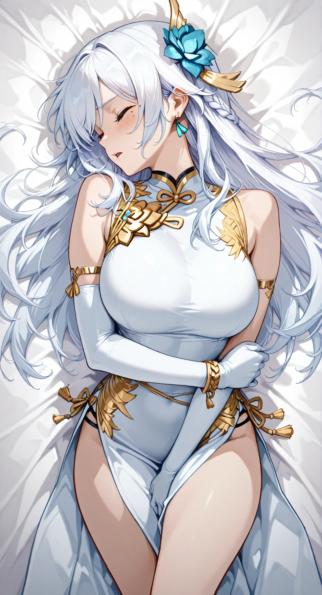 Armlet on left arm,Handmade bracelet,sleeveless china ,anime girl,long white hair,and a flower in her hair,Anime Goddess,with long white hair bundled in a bundle at the back, Haise Jinyao,Genshin Character,Keking, Full Body Senxia ,Pictures of Women with Long White Hair Bound at the Back,long white hairで,perfect girl,large breasts with good shape,thin waist,mole under eye,long gloves,earrings,no background,close eyes,kind eyes,kind expression,Blush,is embarrassed,Open Lips,Very large bed,my whole body lies on a white sheet,turn your face completely straight to the side from here,orgasm anatomically correct The hair bundled in the back is a braid, cowboy shot with a close cute face、 from above、 Feet outside the frame、 first-person view、, from side, wide shot, rotated, fisheye
