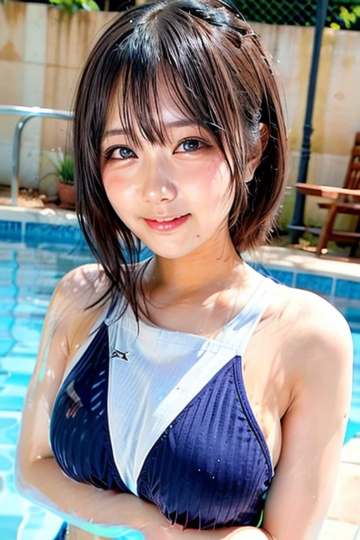 A cute and beautiful Japanese woman in her late twenties with semi-long hair and a voluptuous figure is diving underwater. She is facing the camera with a beaming smile, looking very stylish in a micro bikini. There are many beautiful tropical fish swimming around her.