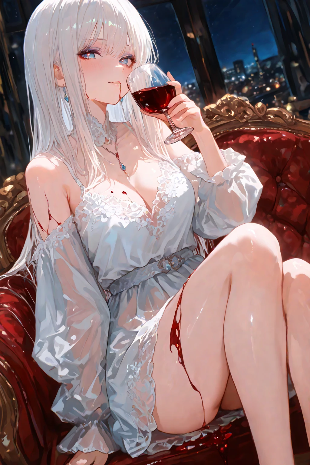 Arlecchino_(genshin impact), white roses, ornament hair, white roses on her hair, succubus, a vampire girl, holding a calice with wine, perfectly body, perfectly hands, black hair, white hair, long hair, seat on a sofa, gothic style, gothic architecture, gold lantern, white dress, more details on her clothes, golden details, night, smiling, coat,