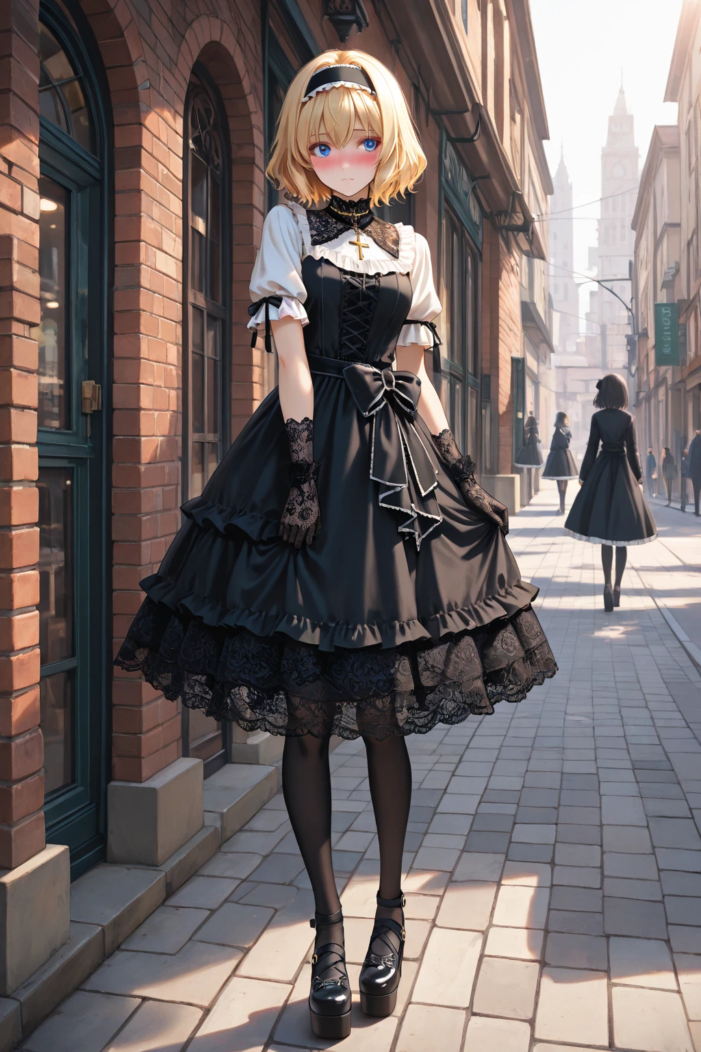 1solo female with 2 hands on glass, glass window fog water drop, metal handcuffs, black choker collar, thigh highs, long legs, metal ankle, metal sandals, metal shoulders, standing straight symmetrical against glass
