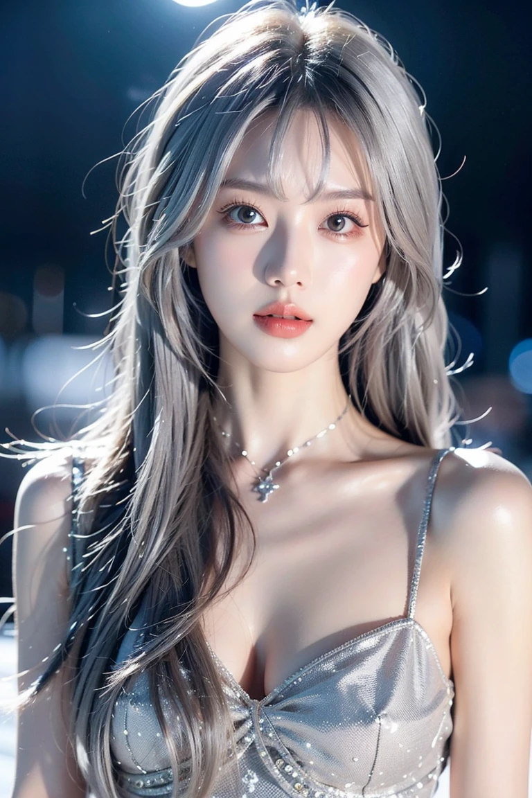 cityscape,(portrait:1.4),1girl,(blue hair:1.31), (silver dress:1.4),(revealing clothes:1.4), hair ornament, earrings, hair rings, jacket, necklace,cinematic lighting, best quality, ultra high res, full-body shot, (ultra-detailed 16k skin texture with minor imperfections:1.2),(photorealistic:1.3), POV ,K-pop idol, Instagram model, beautiful legs, (solo:1.1), (1girl:1.1), adolescent, (looking at viewer:1.331),(natural breasts:1.31),(clear fingers:1.5),(parted lips:1.1), (eyelashes:1.1), (happy:1.01), (depth of field:1.1), lens flare,{{glasses}},{uniform}, (chromatic aberration:1.1), (caustics:1.1), (scattered luminous petals:1.331), ulzzang-6500 ,<lora:koreanDollLikeness_v10:0.5>