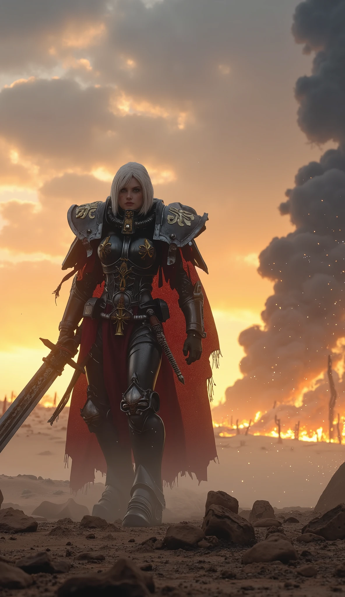
[Scene Type & Quality]
(masterpiece, ultra-detailed, best quality, 8k, photorealistic, hyper-realism:1.3, cinematic lighting, volumetric light, HDR, grimdark, warhammer 40k aesthetic, cyberpunk gothic, fluxlisimo_drawio, 3D rendering)

[Main Subject & Description]
A towering, battle-scarred Sister of Battle stands in the heart of a desolate war-torn desert, framed by the dying light of an apocalyptic sundawn. She wields a colossal, ancient two-handed sword, its rusted blade etched with sacred High Gothic runes, emanating a faint, holy glow.

[Character Details & Clothing]
Her power armor bears deep battle scars and scorched insignias of the Ecclesiarchy. A tattered, translucent habit whips violently in the toxic wind, its spectral movement adding a ghostly mystique to her grim presence.

[Environment & Setting]
The ground is littered with half-buried war machines, shattered saint statues, and the skeletal remains of imperial banners. Orange embers and gray ash spiral through the air, illuminated by fractured beams of sunlight piercing the dust-heavy horizon.

[Lighting & Color Mood]
Soft, cinematic shadows carve her determined features; her eyes burn with unwavering, righteous fury. The color palette bleeds from molten orange to corpse-gray, painting a sky of dread and inevitability.
