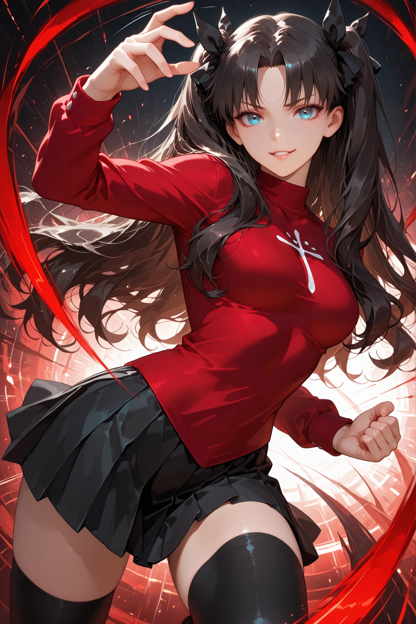 1girl, Tohsaka Rin, black hair, long hair, blue eyes, two side up, bangs, hair ribbon, parted bangs, medium breasts, black hair ribbon, pullover, turtleneck, center chest emblem, red pullover, black skirt, pleated skirt, black thighhighs, good anatomy, standing, abstract background, looking at the viewer, detailed hands, fighting dynamic pose, arm movement, cinematic angle, action scene, motion lines, motion blur, motion effect, parted lips, smirk, provocative, top quality, supreme masterpiece, ultra detailed, very aesthetic