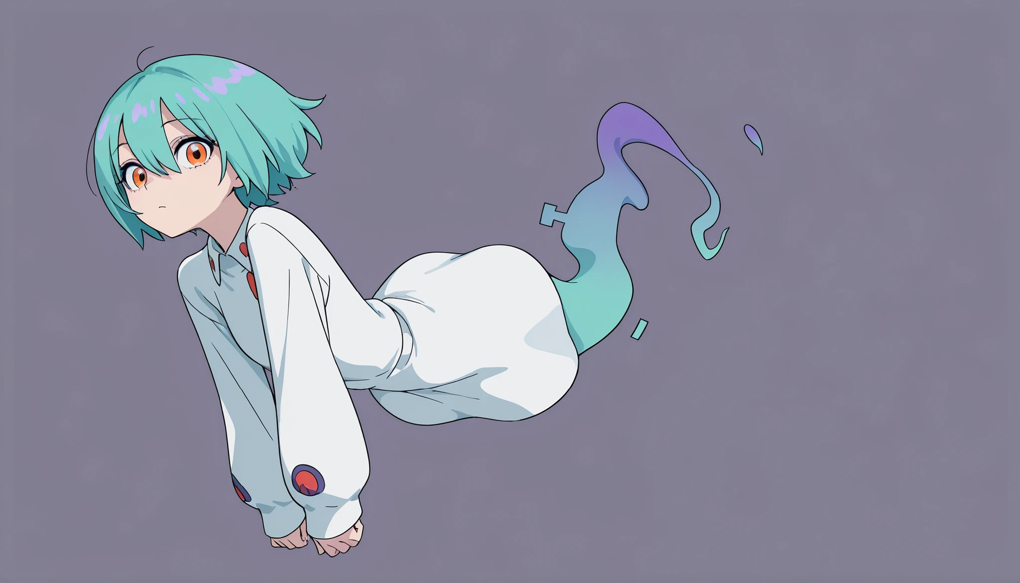 Anime Masterpiece、Highest Quality、super high resolution、clean line、Cell painting ＋soft gradation、Neon Tone。  Tight framing。One cute ghost girl in a white uniform is floating。multiple small glitch rectangles along the outline of the body。orange eyes、Bad look with dark eyes。 Light blue short hair like blueberries。The buds are growing from the head。Her lower body is stretched out with a spirit。2 pale lavender whispers drift。 The slight background is uniform green、looking at viewer