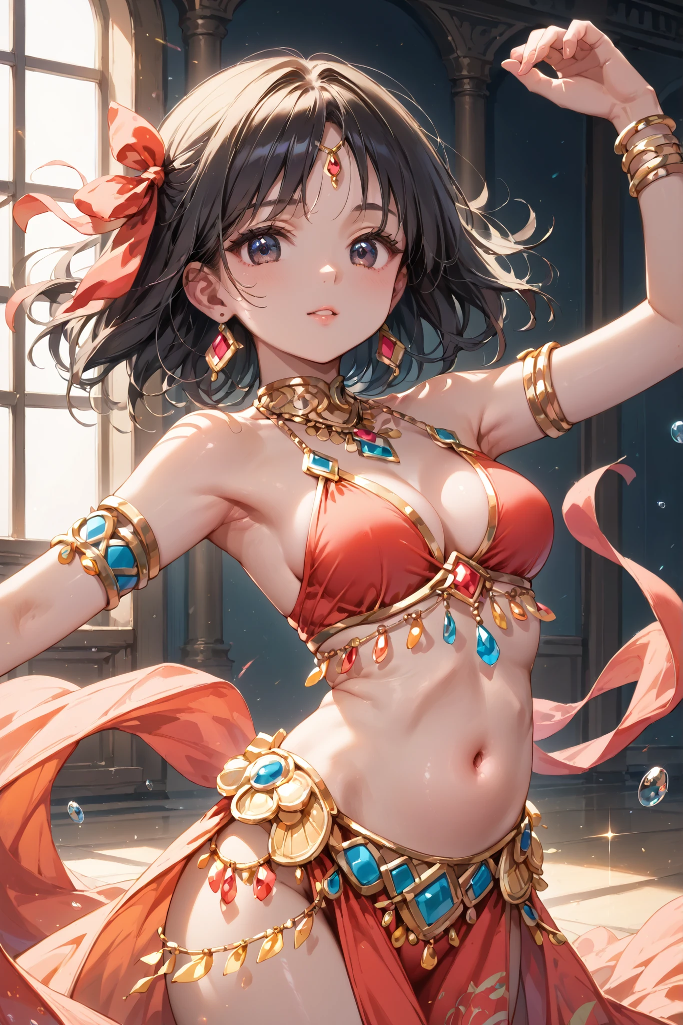Highest quality、Highest picture quality、Masterpiece ,Group of 5 princesses,(6 young women,many young women), (in the bedroom), Various hair styles, harem,((Traditional Thai Lanna cloth:1.5,Traditional Thai Lanna costume, Strapless style, no straps..:1.5,Traditional Thai Lanna costumeที่หรูหรา:1.5,short skirtข้าง:1.4, bare shoulders,Random batch color)), at night, detailed face, big breasts,Breast curtain, short skirt, mule, Sleeveless , Show your armpits, at night, starry at night,(large areolae:1.4,pink,The nipples are clearly visible....),ขับnavel,การdance,dance,Thai dance, desert dancer,belly dancer,(charming, การdanceที่หรูหราและน่าหลงใหล:1.3),(Decorate beautiful flowers on your head..),(Light silk clothing),navel,(Broken gold jewelry hung from her skirt..),นักเต้นที่เซ็กซี่และcharming
