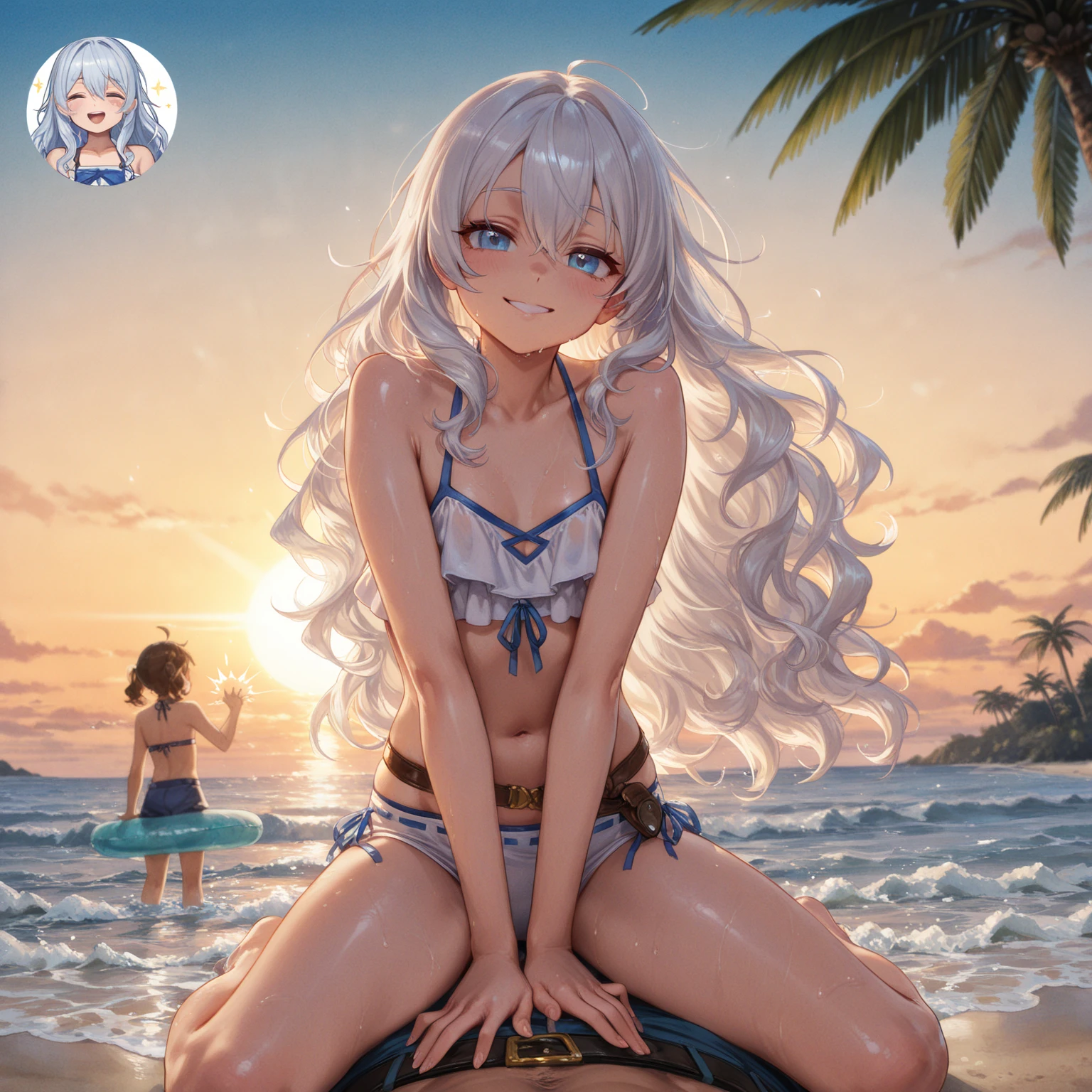Beach，Look up，long white hair，Dark