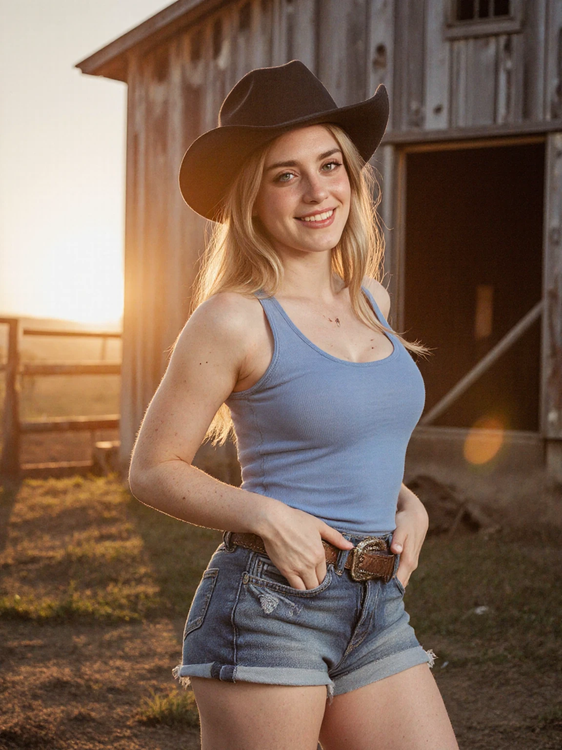<lora:GigiRivera_v1.0:0.85> <lora:theovercomer8sContrastFix_sd15:1>
(GigiRivera:1), (to8contrast style), (Woman:1),
close-up, Sultry yet Innocent, Earthy Tones, Wheat Fields, Sunhat, Plaid Shirt, Pearl Snaps, Rugged Jeans, Well-Worn Boots, Sun Kissed Skin, Cascading Waves, Freckles, Big Brown Eyes, Wholesome Appearance, Flirty Smirk, Rodeo Queen Crown, Bull Riding Champion Belt Buckle, Daisy Duke Shorts, Tank Top, (Bralette:1.1), American Flag Bikini, Pigtails, Childlike Wonder, Mischievous Intent, Rebellious Spirit, Tomboyish Energy, Bales of Hay, Farm Equipment, Tractor, Barn, Silhouette Against Sunset Sky, Golden Hour Glow, Pastoral Paradise, Quiet Reflection, Simple Pleasures