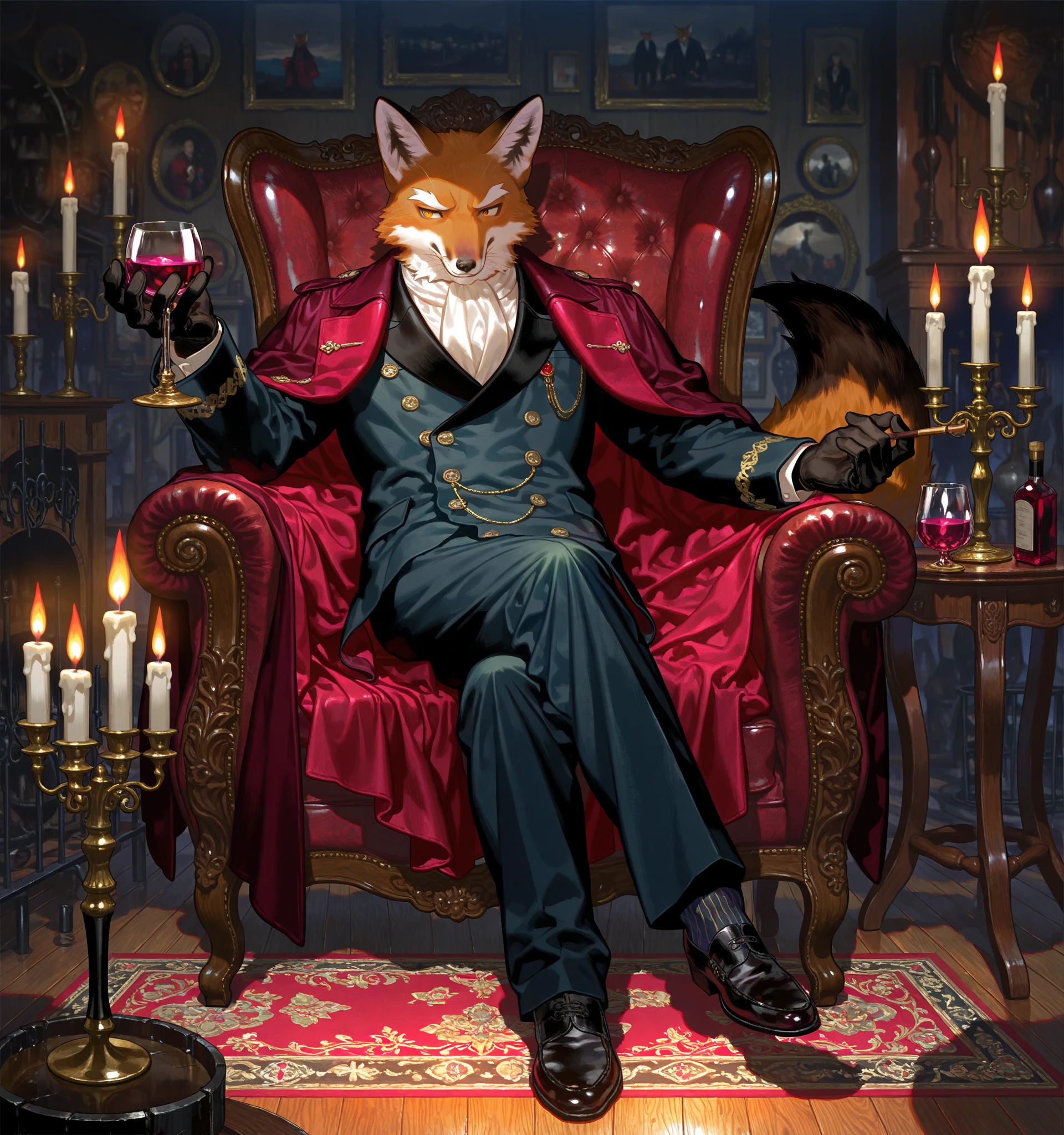 humanoid barn owl, big red eyes, top hat, sitting on a throne, royal king outfit, red cape, holding a glass of wine, in a castle, at night, red sky, solo, cowboy shot, looking at the viewer, male, masterpiece