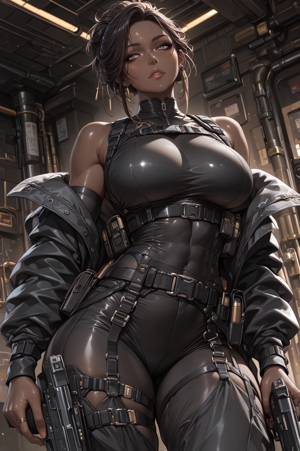 1 woman,muscular arms, Ultra HD, retina, obra de arte, Anatomicamente Correto, pele texturizada, detalhes altos, premiado, Melhor qualidade, 8k, alto,(jacket, holster, gun holster, bondage gear, choker, headband, pantyhose, harness ), shaved pussy, large perfect breasts, wide hips, thick thighs, 