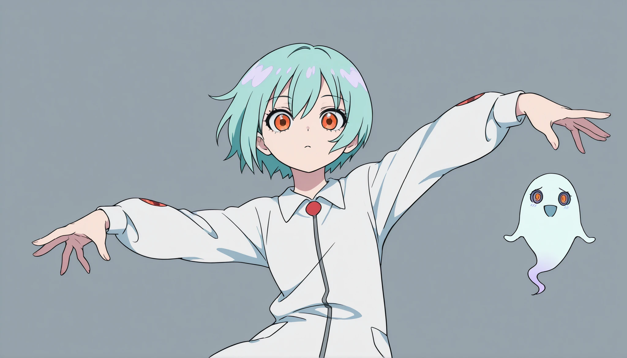 Anime Masterpiece、Highest Quality、super high resolution、clean line、Cell painting ＋soft gradation、Neon Tone。  Tight framing。One cute ghost girl in a white uniform is floating。multiple small glitch rectangles along the outline of the body。orange eyes、Bad look with dark eyes。 Light blue short hair like blueberries。Her lower body is stretched out with a spirit。2 pale lavender whispers drift。 The slight background is uniform green、looking at viewer