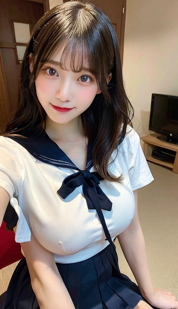 highest quality、High resolution、8k wallpaper、detailed and beautiful eyeedium hair、(beautiful big breasts:1.3)、natural color lip、大胆なsexy pose、smile、(A woman wearing a white short-sleeved sailor suit-style leotard:1.3)、((red tie))、20 year old girl、cute、Bedroom、bed、sexy pose