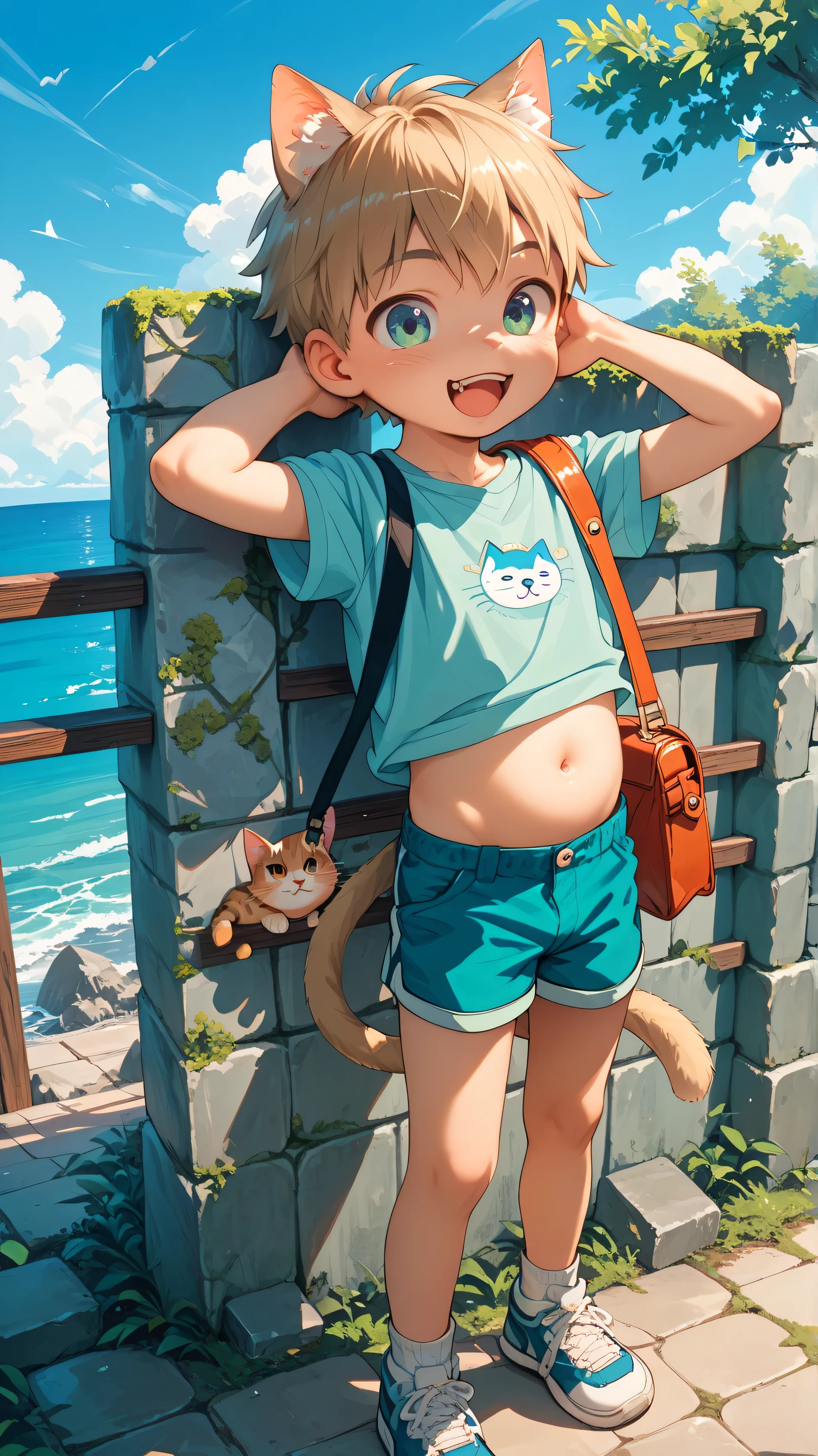 cat ears, cat tail, shota boy , 10 years, 10+, Cute, stands leaning on a stone fence, sea, belly, short shorts, shoulder bag, right hand behind head, excited