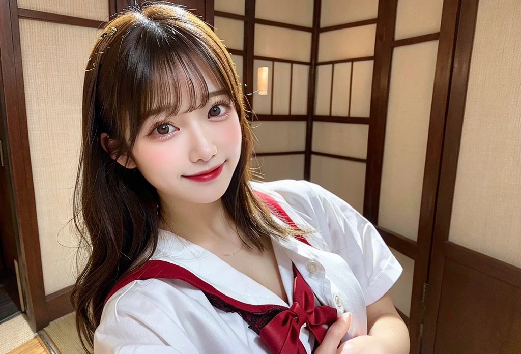 (top-quality、​masterpiece、电影灯光、)、phot of a beautiful Japanese women、Glossy reddish-brown shorthair、hair pin、disheveled hair、Floating hair、beauitful face、Slouched、crouching down、(Nurse、White nurse uniform、Nurse Cap、Wrap the stethoscope around your neck、)、Beautiful breast slip、Hourglass body、A smile that captivates the viewer、Look into the cameraman and talk、Hospital Patient Rooms、Close face、shinny skin、Bold sexy poses、Beautiful Finger、