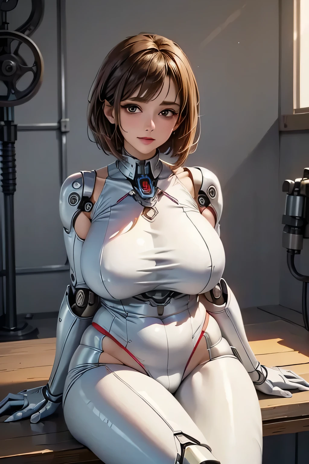 (((Sparks fly))), (((Highest quality))), ((Very detailedな)), (High-definition CG illustrations), ((Very delicate and beautiful)), Cinematic Light,((1 Mecha Woman)),alone,mature,(Ahegao),Big and ample breasts,Plump, whole body,(Machine made joints:1.2),((Mechanical marginal vessels connected to tubes),((Cervical vertebrae mechanically attached to the neck)),(((The crotch is open))),(Sitting),(wires and cables around the neck:1.2),(Overhead Wires and Cables:1.2)(Character Focus),sf,((Very detailed,colorful)),Best details, ((background：Basement for storing electronic devices))