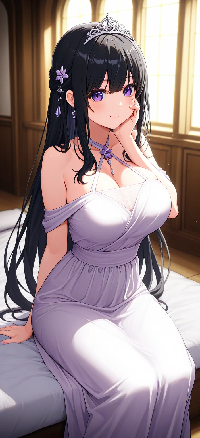 tohkayatogami, tohka yatogami casual, long hair, purple hair, alluringly smile, one piece dress, white dress, square neck dress, lace dress, see through, white undergarments, lace sleeve, long sleeves, cleavage, necklace, shirt skir, ribbon , (purple eyes:1.1), hair ribbon, ponytail, purple hair, white ribbon,g cup breasts, plump butt, hands on neck, living room,
BREAK ,
BREAK outdoors, city, people, crowd, sky, clouds, sun, blue sky,
BREAK looking at viewer, (cowboy shot:1.5),
BREAK (masterpiece:1.2), best quality, high resolution, unity 8k wallpaper, (illustration:0.8), (beautiful detailed eyes:1.6), extremely detailed face, perfect lighting, extremely detailed CG, (perfect hands, perfect ???????),