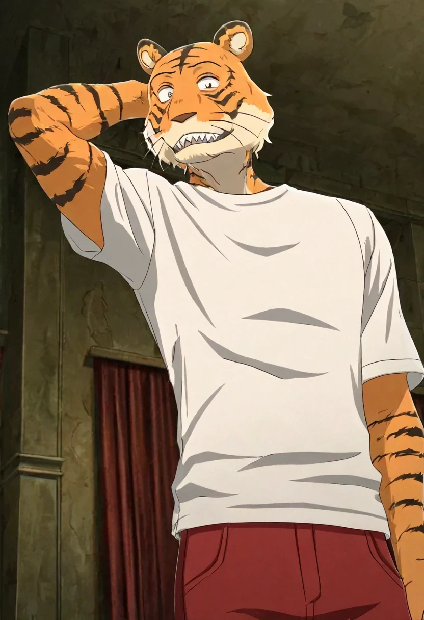 masterpiece, best quality, amazing quality, very aesthetic, absurdres, newest,  high quality, detailed, BillBeastars, 1boy, male, anthro, bengal tiger, broad shoulders, brown eyes, muscular male, athletic build, orange fur, black stripes, sharp teeth, white shirt, red pants, theatre club, drama club, grinning, looking at viewer, half-body, detailed background, standing, indoors, hands behind head, flexing