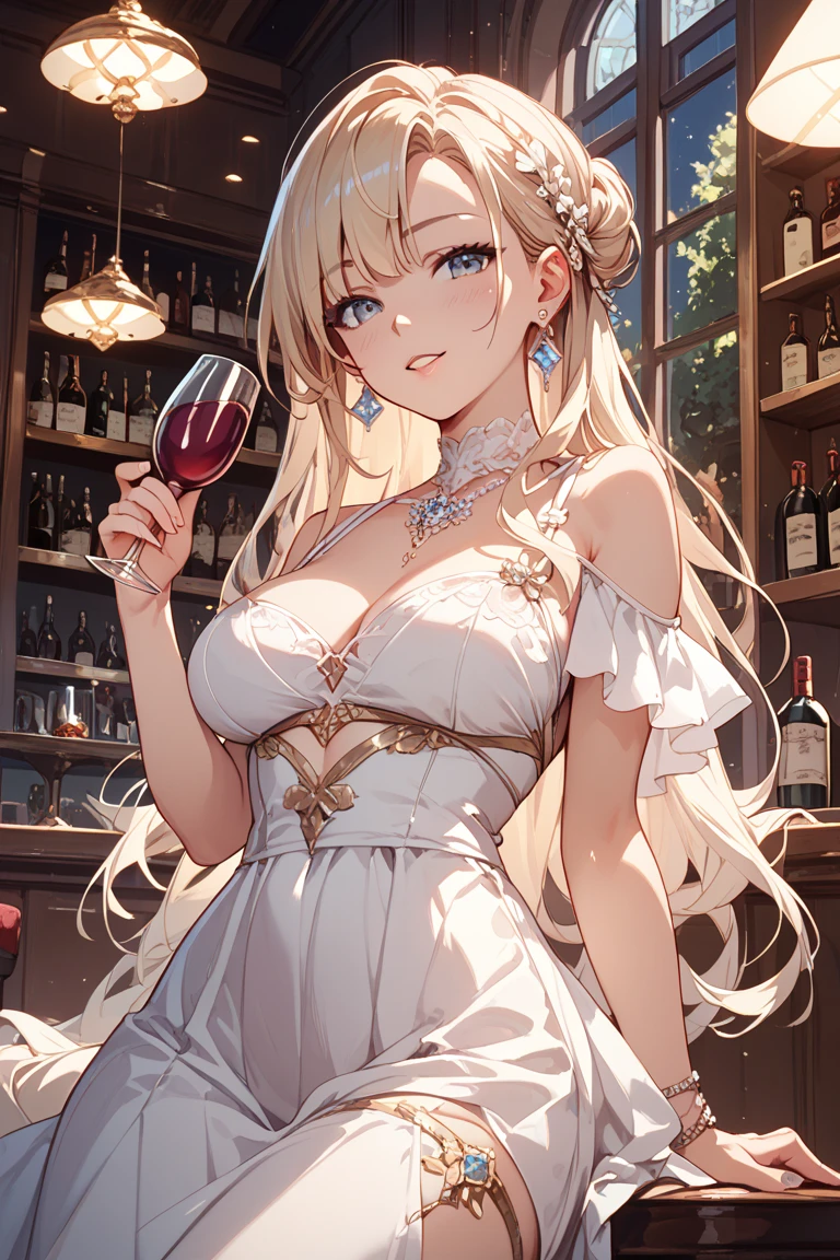 Cristalina, 20 years old, long blonde hair, light lilac eyes, huge breasts, wearing an open white dress with a glass of wine, being at the prince's ball with an evil look.hentai