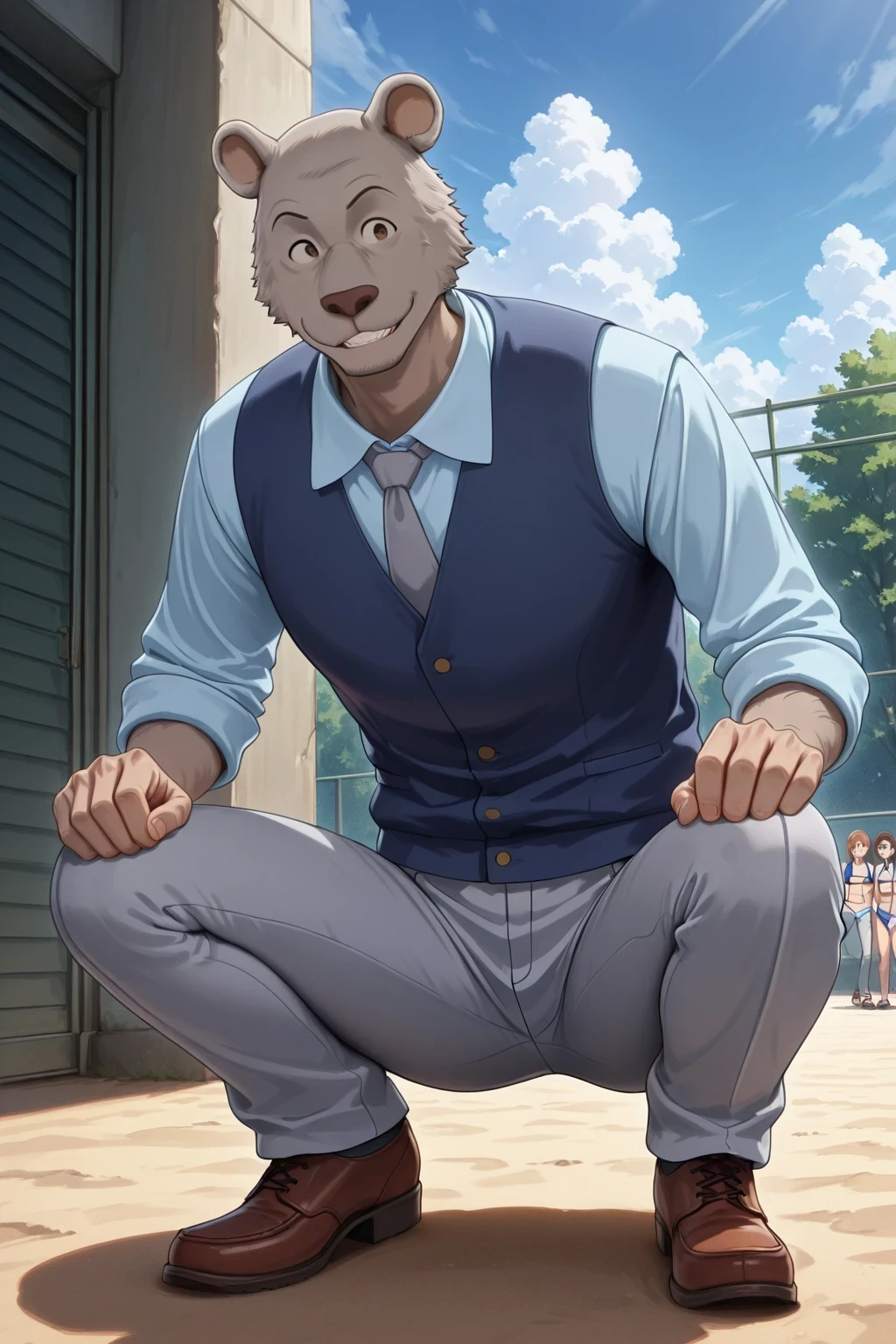 absurd result, best quality, alta calidad, detailed,  , wide shoulders, Mature man, tiny brown eyes, athletic build, musculvery hombre,  round ears , very, polish, Grey body, gray school pants with stripes ,Blue vest, long sleeve white shirt, gray tie, while squatting, squatting, in the schoolyard, sky blue, white clouds, sunny day, looking at the spectator, full body , smiling
