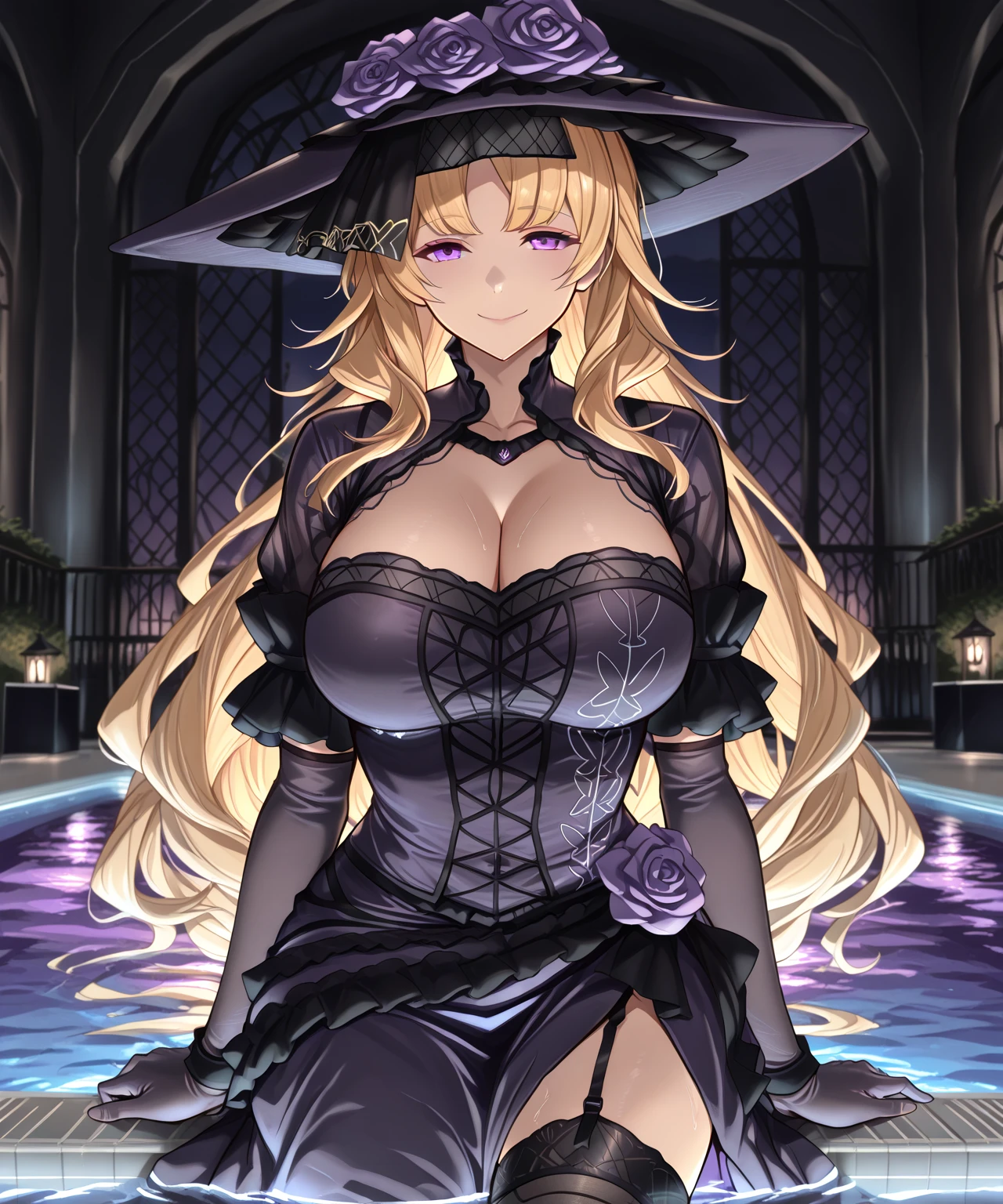 (lora:mukuro:0.6), (masterpiece:1.2), (best_quality:1.2), (large_breasts:1.2), looking at viewer, 1girl, solo, yellow_eyes, blonde_hair, double_bun, hair between eyes, very long hair, black bra, black thighhighs, thong, underwear_only, beach, smile
