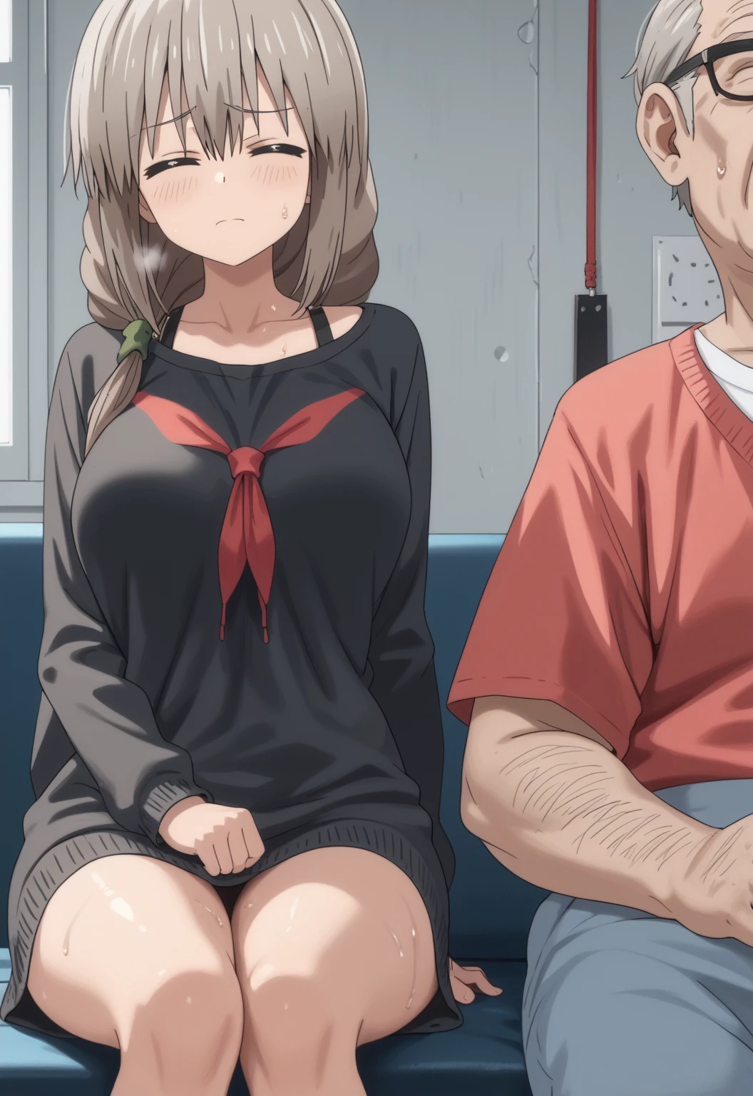 (nsfw:1.2),((One girl, 1 Elderly)), (Skirt flip:1.4), ((Old man grabs woman&#39;s waist)), The old man laughs evilly, Huge breasts:1.7, Anime cel painting style, Highest quality, High resolution, Huge breasts:1.8, good, High leg panties,blue eyes, Purple Hair, bangs, Side Ponytail, hair ornaments, Embarrassing, fear, blush, View Viewer, whole body、(((Completely naked:1.8)))、He is moving his hands violently to his crotch