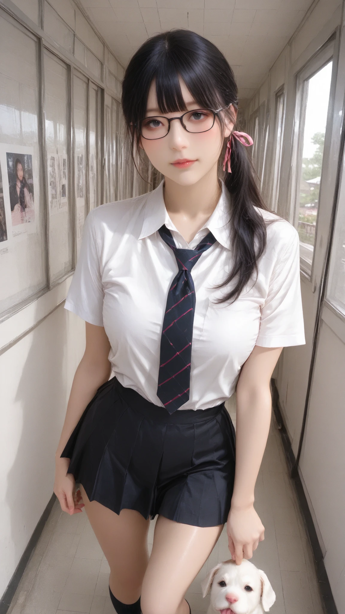best qualtiy， 超高分辨率， （realisticlying：1.4）， 1girll，Pretty woman with slender figure：1.4，18 female high school students are sexy，White skin，二重まぶた，Delicate eyes，white short blouse，pink necktie，Pink pleated skirt，Temptation Black Silk，Being in the room，sitting on a white bed，Fascinating expectations，Brunette half front half，Half in the back，Pose on the bed in a short skirt and shirt，JK school uniform，short- sleeved，tiedshirt