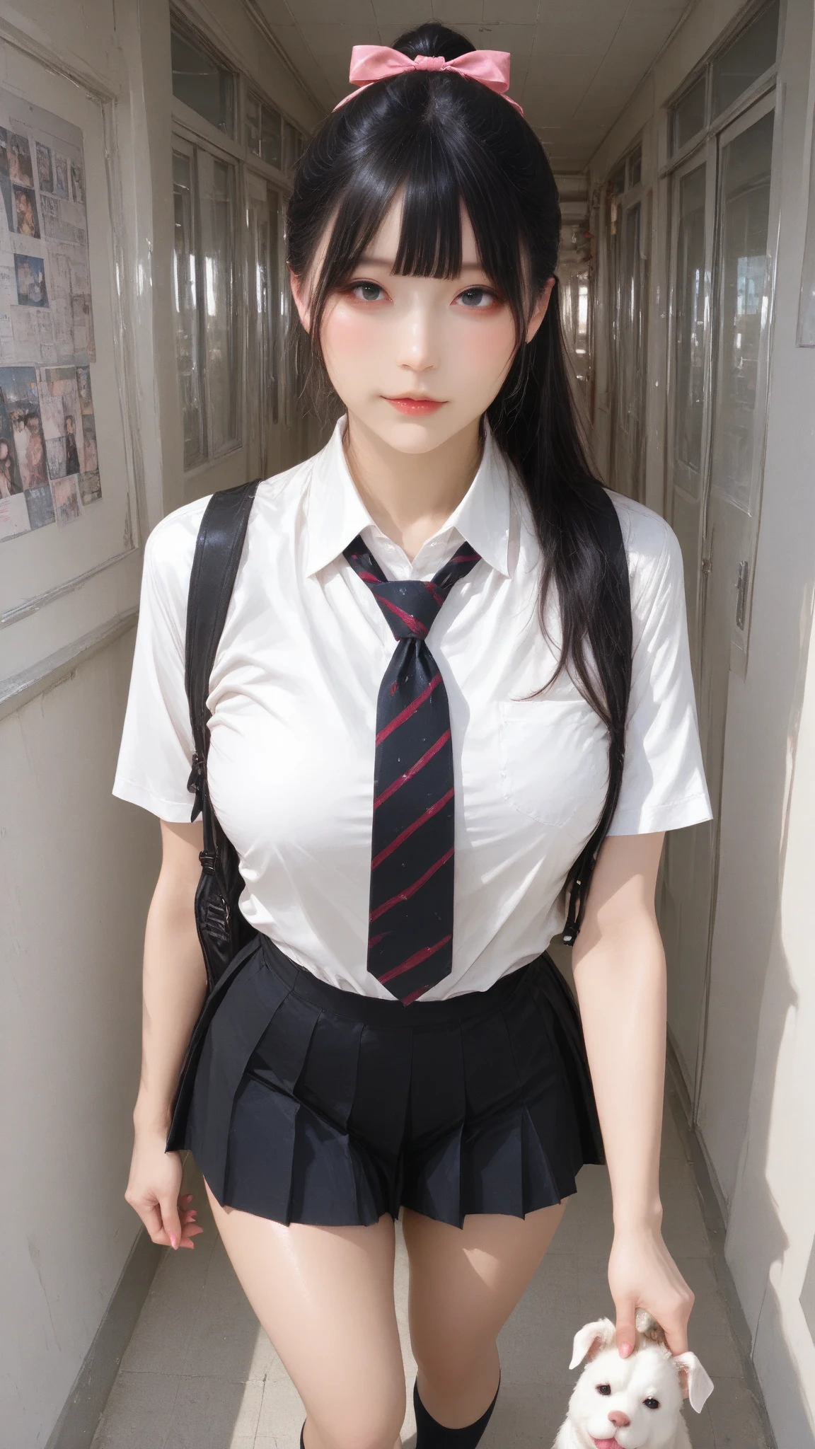 best qualtiy， 超高分辨率， （realisticlying：1.4）， 1girll，Pretty woman with slender figure：1.4，18 female high school students are sexy，White skin，二重まぶた，Delicate eyes，white short blouse，pink necktie，Pink pleated skirt，black lence stockings，Being in the room，sitting on a white bed，Fascinating expectations，Brunette half front half，Half in the back，Pose on the bed in a short skirt and shirt，JK school uniform，short- sleeved，tiedshirt