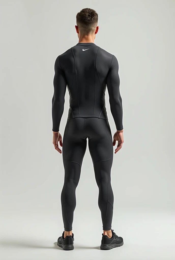 Best image quality, Ultra-high resolution, photograph,1 male,Muscular,Long legs,Are standing,Black long sleeve high neck compression shirt,Black long tights,White socks that come down to mid-calf,White sneakers,Show me your ass