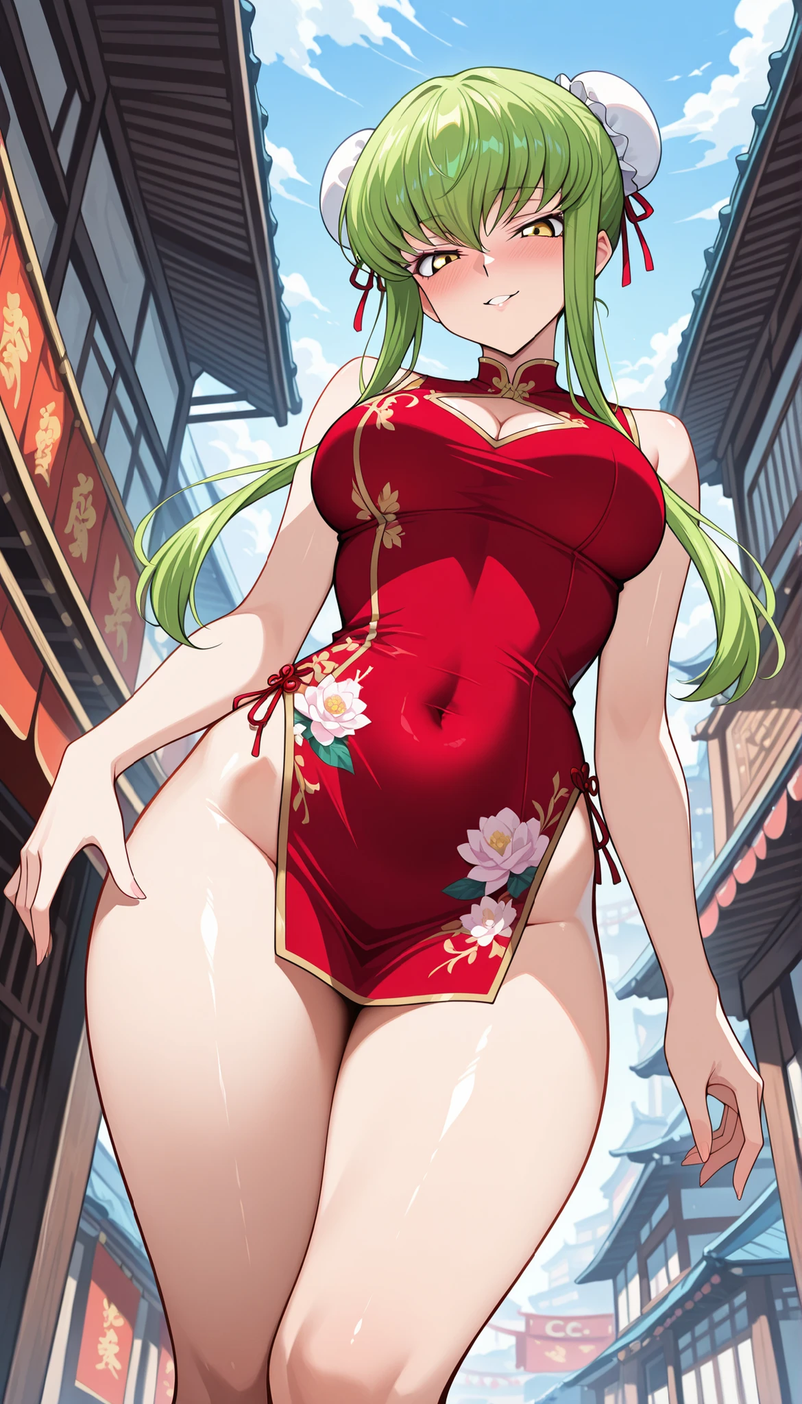 masterpiece, best quality, very aesthetic, absurdres BREAK
1girl, c.c., bangs, green hair, (yellow eyes:1.3),
beautiful face, clean skin, very aesthetic, absurd, perfect body quality, beautiful curves, perfect, cleavage cutout, small breasted, 1girl, two hair bun, white bun cover, long sidelocks, red dress, chinadress, micro skirt, sleeveless, flower trim, (barelegs), barearms, barebottom, (groin:1.2), (lasciviously), (blush), face, bewitching smile, (tempting), (standing), chinatown, outdoor, (looking at viewer), cowboy shot, solo, dutch angle, from below,