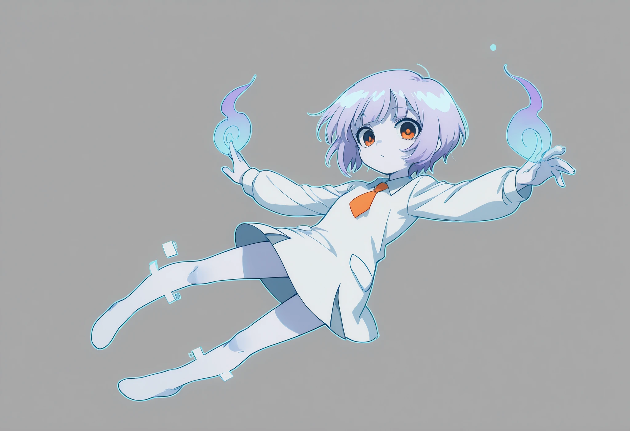 Anime Masterpiece、Highest Quality、super high resolution、clean line、Cell painting ＋soft gradation、Neon Tone。  Tight framing。One cute ghost girl in a white uniform is floating。multiple small glitch rectangles along the outline of the body。orange eyes、Bad look with dark eyes。 Light blue short hair like blueberries。Her lower body is stretched out with a spirit。2 pale lavender whispers drift。 The slight background is uniform green、looking at viewer