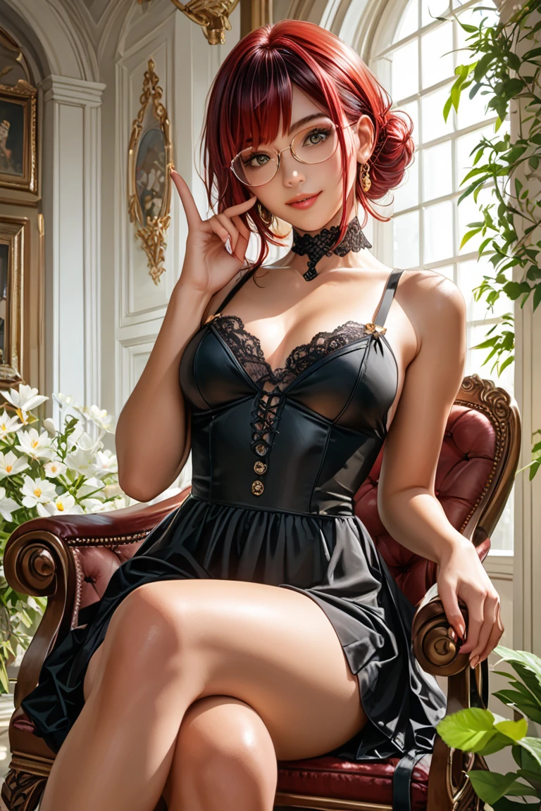 
(large breasts 1.4), beautiful elf woman, ((Short Red Hair: 1.6, straight with shine)), bright blue eyes, bright eyes, double eyelids, light effect on eyes, detailed irises,  sexy curvy body, ((white off the shoulder corset, black and red plaid mini skirt,  black high heels)),  ((work of art, hyper-realistic, hyper detailed, Best quality, 16k, light and shadow on skin, vivid colors), eyeliner, Thin eyebrows, Sensual expression, perfect pouty lips, innocent and sexy mature face, ((skin with light and shadow) flirting with the viewer, lots of freckles, full lips, lips parted, extreme blush, smile, ((Posing laying Sensually on leather couch)), fingertip resting on lower lip,  late at night, rays of light, masterpiece, wearing glasses