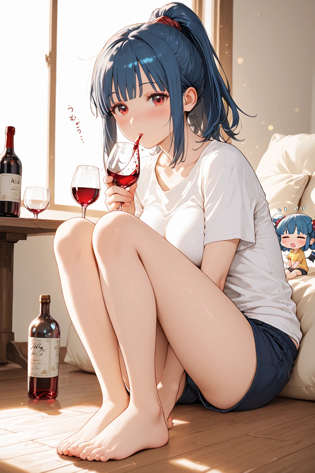 masterpiece, best quality, very aesthetic, absurdres, newest, 1girl, solo, blush, drunk, short hair, open mouth, black hair, long sleeves, sitting, pants, indoors, cup, chair, table, bottle, denim, breath, plate, alcohol, glass, jeans, blue pants, wine glass, wine, wine bottle, torn pants,