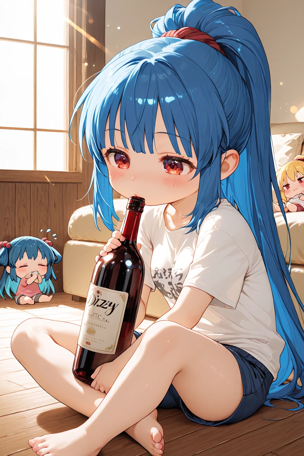 Around 20 years old, with medium-length blue hair and red eyes, a girl proudly smiles in victory. Cheeks flushed, she wears a red zip-up hoodie open at the front, revealing her bare skin, and a gray miniskirt on the lower half. Seated on a sofa, legs crossed, she holds a beer glass in one hand