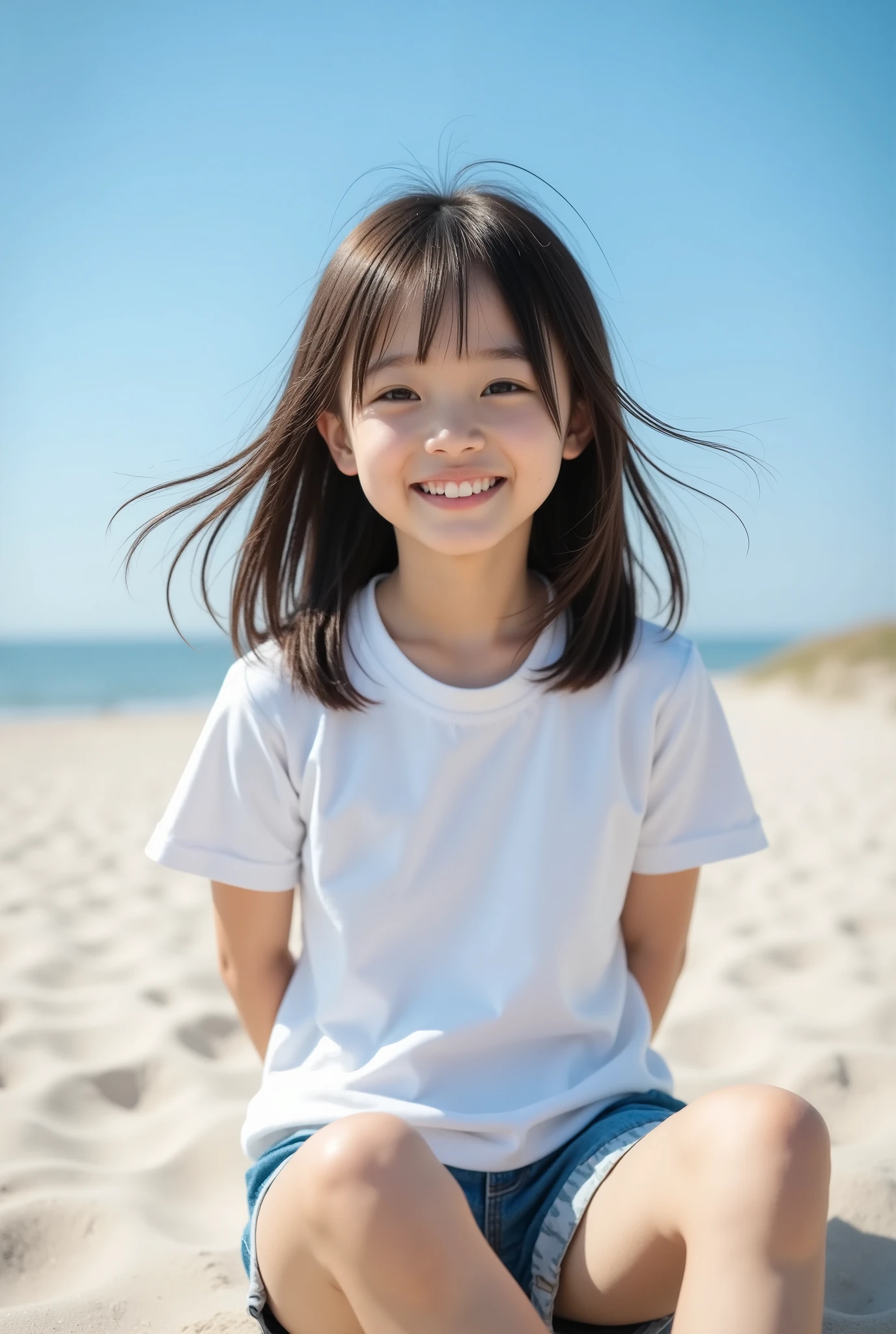 highest quality, masterpiece, 8k, highest resolution, very cute japanese girl, cutest girl in japan, very young, elementary school student, 8 years old, white t-shirt, very long hair, strong wind blows long hair, full body, sandy beach, laughing, she narrows her eyes when she laughs, looking at viewer, blue sky, upper body, denim shorts, very short pants, sitting with her hands behind her back and her knees raised