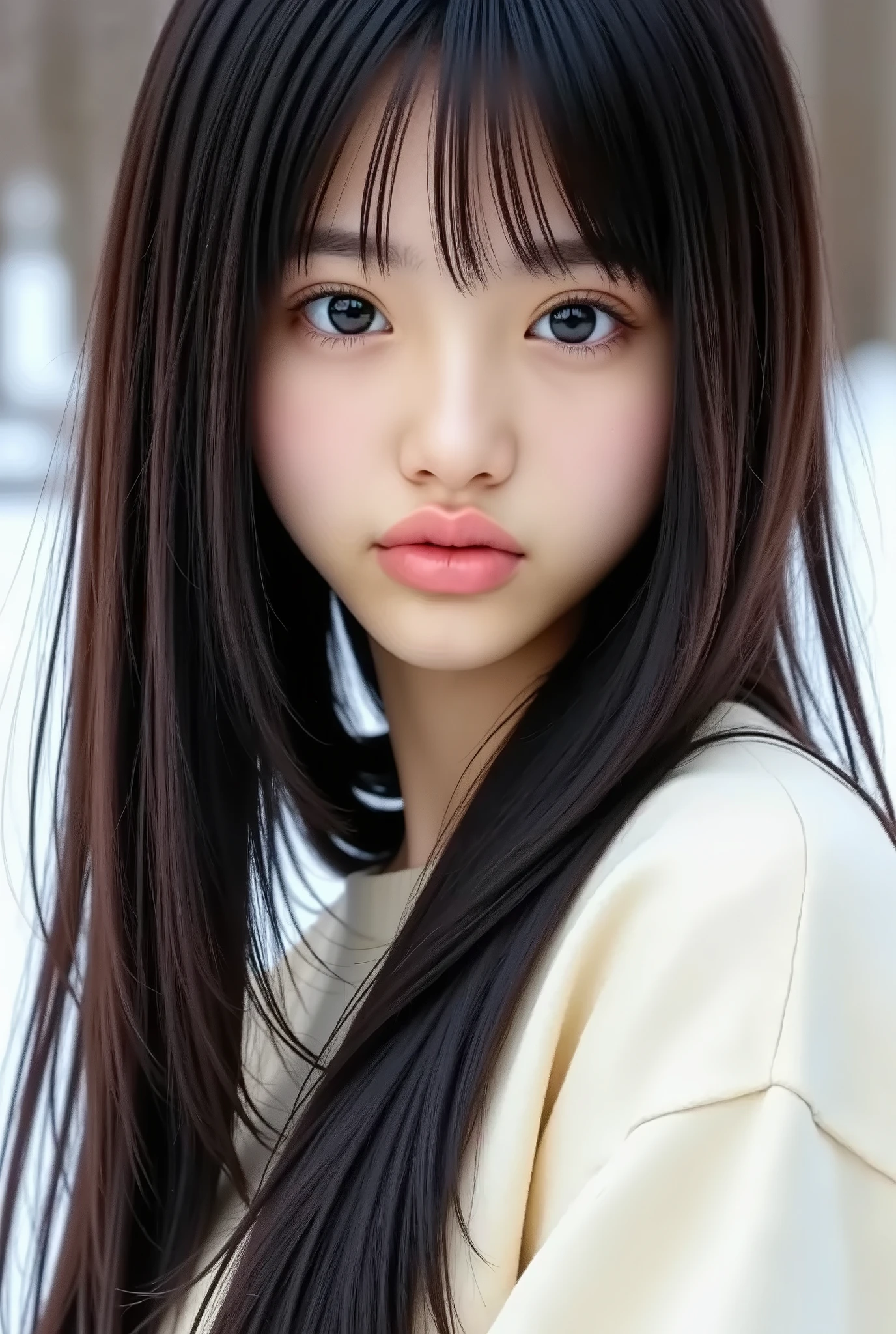 ((Highest Quality、8k、masterpiece:1 . 3))、clear focus:1 . 2、perfect beauty:1 . 4、 winters :1 . 2、((Creative hair:1 . 8))、(short hair:1 . 8)、(modern:1 . 2)、high resolution face and skin texture with left leg、narrowed her eyes . 、double eyelids、dark hair、 winter outdoor background 、stares away、Hair Design、oversized sweatshirt、(Soft lighting:1 . 8)、cowboy shot showing waves、Looks cold 、( work like page 1 of Vogue :1 . 8)、Hair blowing in a strong wind、natural makeup、(Almost white dyed hair:1 . 5)、 nostalgic depiction 、(Light bang:1 . 7)、turtleneck、( 1 female:1 . 5)、grey、Side Shots、I' ; I haven't seen this 、