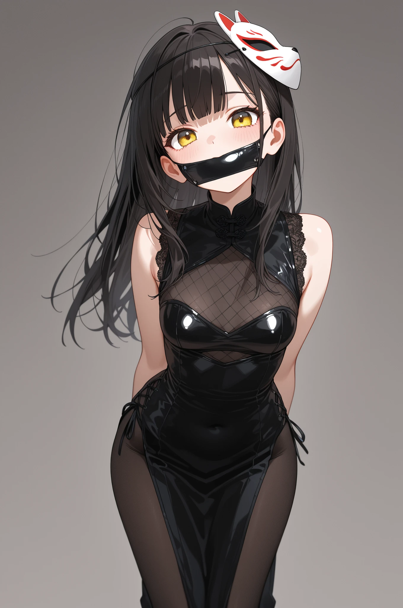 high quality, masterpiece, super detailed, 1 girl, extremely detailed faces, gagged,gagged,Christmas black latex bunny girl,black gloves,black christmas stocking tiara,gagged,BDSM,handcuffs,collar,Calm expression,Smile,handcuffs,collar,long black hair, Charming pink eyes, fox ears, ridiculously big, skin shiny, sitting on bed,Cover your chest with your hands,bright bedroom
