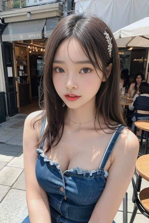 Dark brown hair、Light brown eyes、Japanese actress、 Lady、I am about 40 years old............、(Intricate details:1.2)、 (Ultra-high resolution:1.2)、Ultra-high resolution、(Finely tuned)、(Detailed facial features)、Hmph、8K resolution、D cup size breasts、Long Hair、white Tullesuperior、Frillssuperior、Tulle Frills superior、Denim pants、At the terrace cafe、Bask in the sunlight、Sit on a chair on the terrace、summer、hot、Trending Fashion、2024、Please open your jaw a little、Please open your mouth a little、Street cafes in Paris、Fashionable cafes in Paris、Holding back my hair blowing in the wind、Windblown Hair、