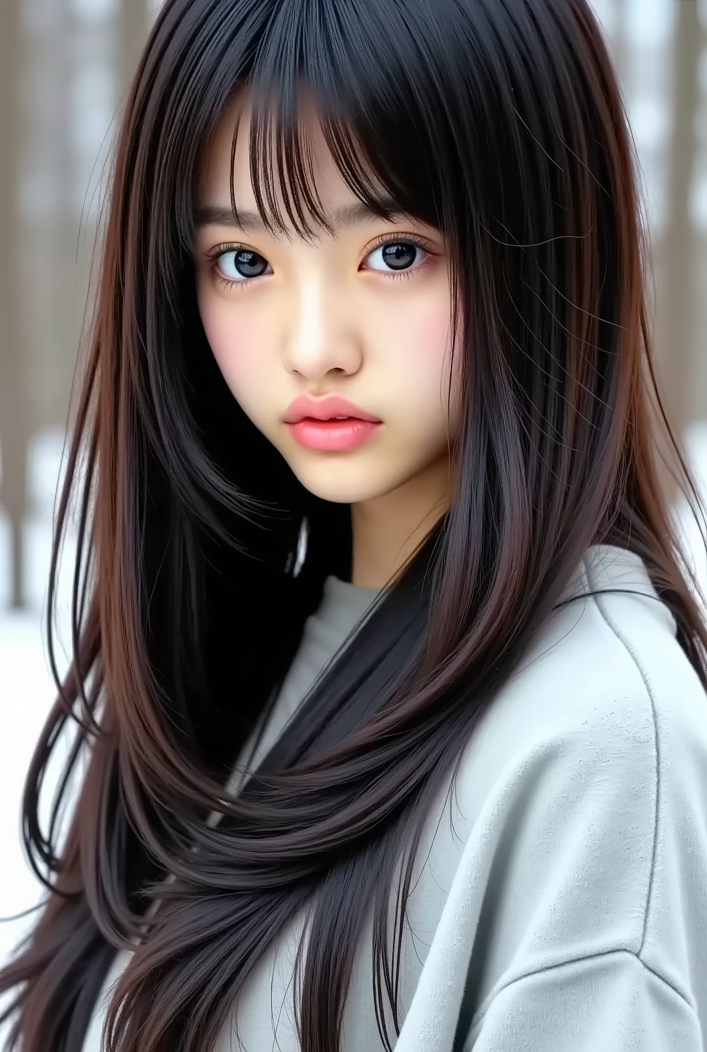 ((Highest Quality、8k、masterpiece:1 . 3))、clear focus:1 . 2、perfect beauty:1 . 4、 winters :1 . 2、((Creative hair:1 . 8))、(short hair:1 . 8)、(modern:1 . 2)、high resolution face and skin texture with left leg、narrowed her eyes . 、double eyelids、dark hair、 winter outdoor background 、stares away、Hair Design、oversized sweatshirt、(Soft lighting:1 . 8)、cowboy shot showing waves、Looks cold 、( work like page 1 of Vogue :1 . 8)、Hair blowing in a strong wind、natural makeup、(Almost white dyed hair:1 . 5)、 nostalgic depiction 、(Light bang:1 . 7)、turtleneck、( 1 female:1 . 5)、grey、Side Shots、I' ; I haven't seen this 、