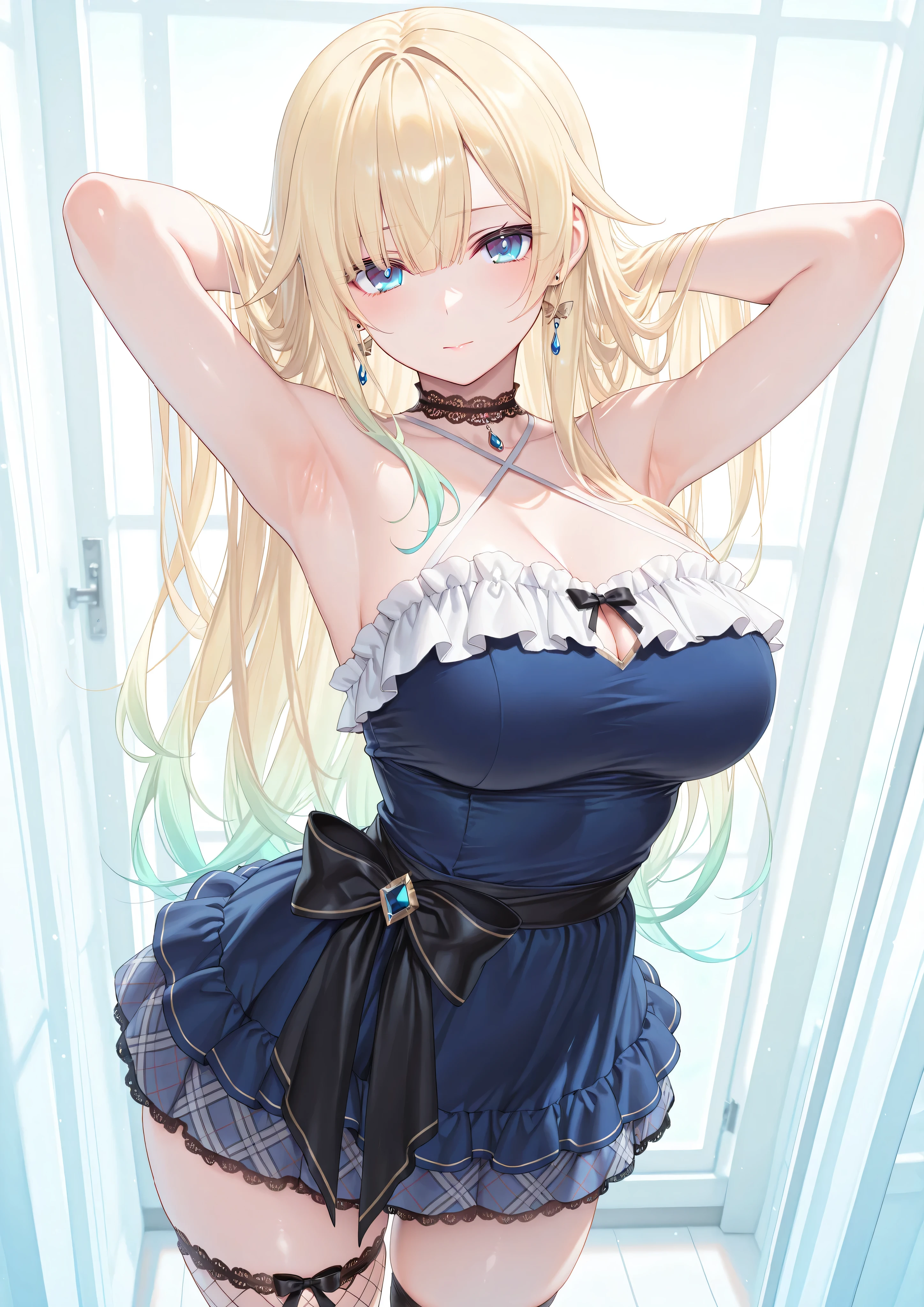 Tabletop, highest quality,figure, wallpaper, Super detailed, Absurd beauty、(night、Dark Room)、((1 beautiful girl、16 years old))、Black camisole、(Blonde、Medium Hair、Wavy Hair、Very large breasts）、Shyness、Bring your arms up to your chest